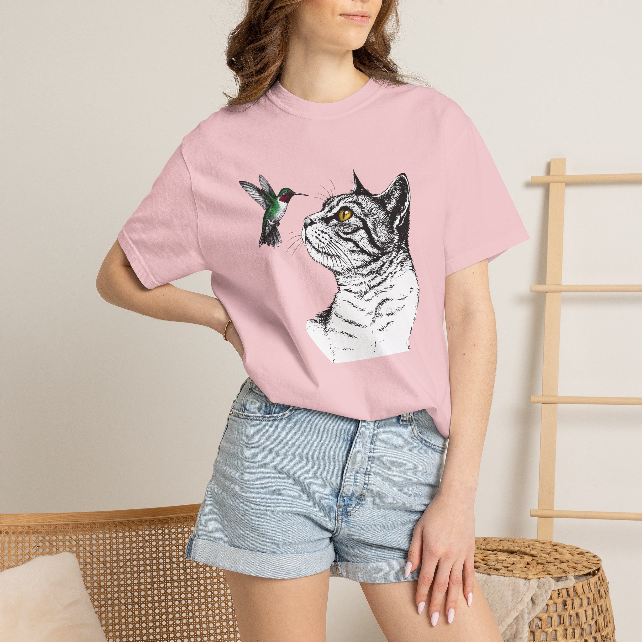 Feline Portrait Shirt Cat Pet Gift Women Line Art Tee Cat T-Shirt Cat Fan Kitten Graphic Illustration Classic Hummingbird Tshirt