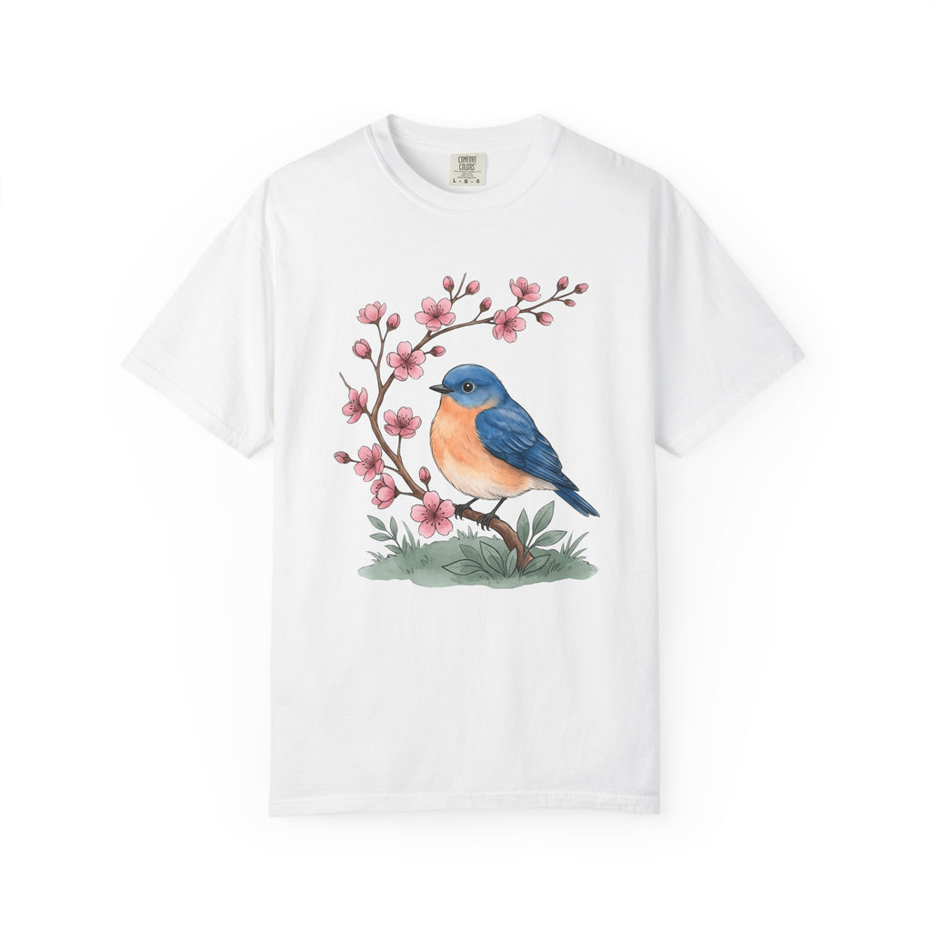 Bluebird Floral Shirt Easter Spring Gift Women Watercolor Tee Floral T-Shirt Easter Fan Painted Tshirt Seasonal Graphic Hand Drawn Cherry