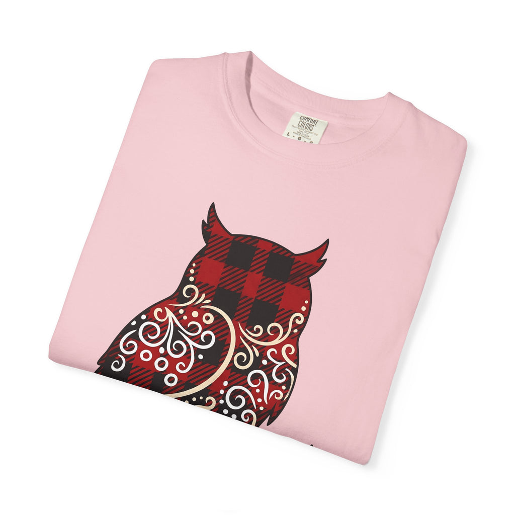 Owl Gingham Shirt Animals Nature Gift Women Primitive Tee Owl T-Shirt Wildlife Fan Hoot Graphic Illustration Sketch Swirl Motif Tshirt