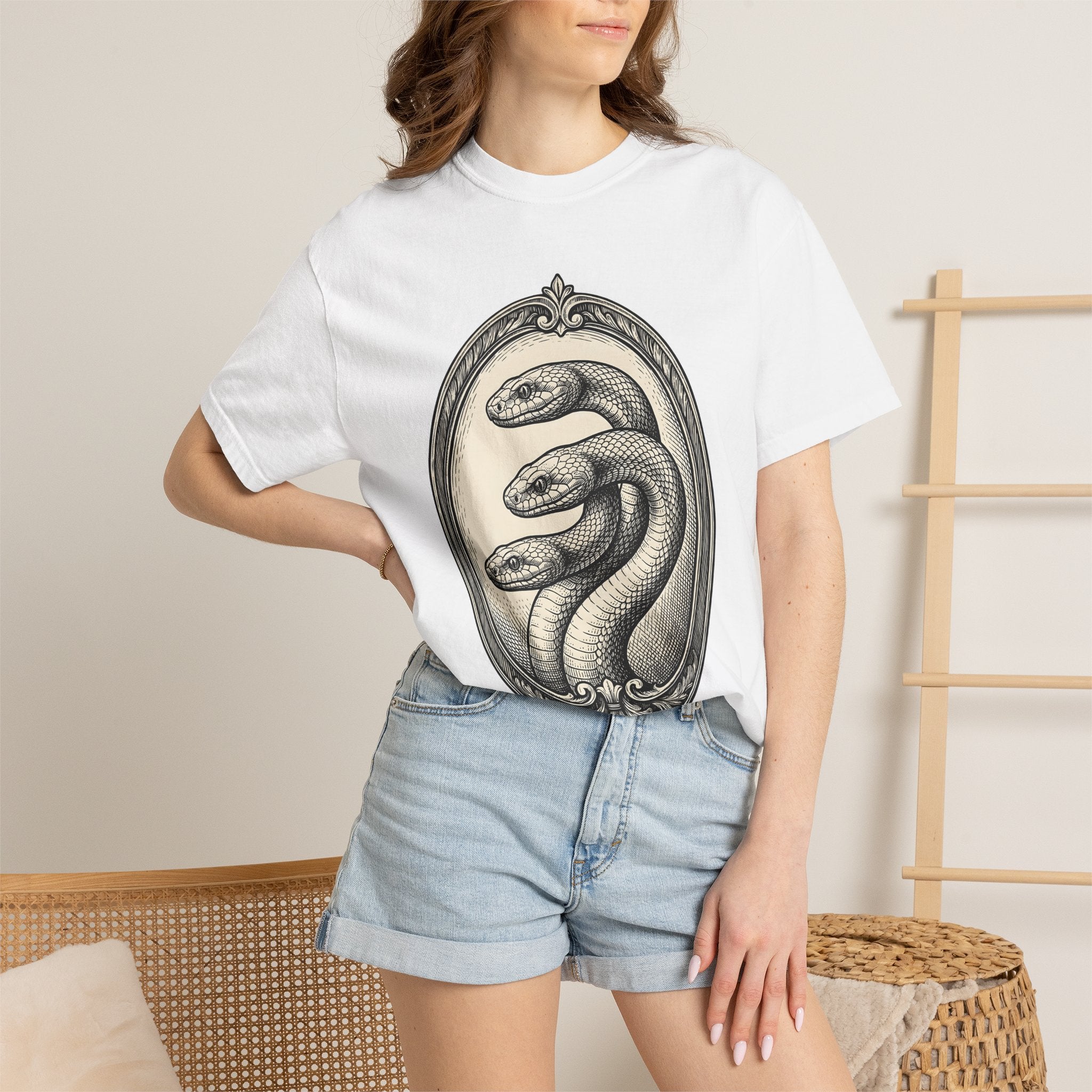 Tri Head Snake Shirt Boho Chic Eerie Gift Women Illustrative Tee Serpent T-Shirt Bohemian Fan Artistic Tshirt Spooky Graphic Sketch Ornate