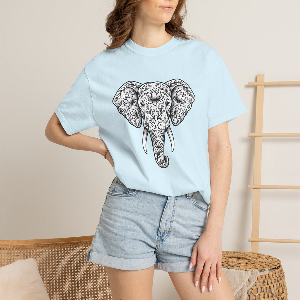 Elephant Blossom Shirt Boho Fauna Gift Women Tribal Tee Pachyderm T-Shirt Bohemian Fan Ethnic Tshirt Wildlife Graphic Henna Sacred Flower