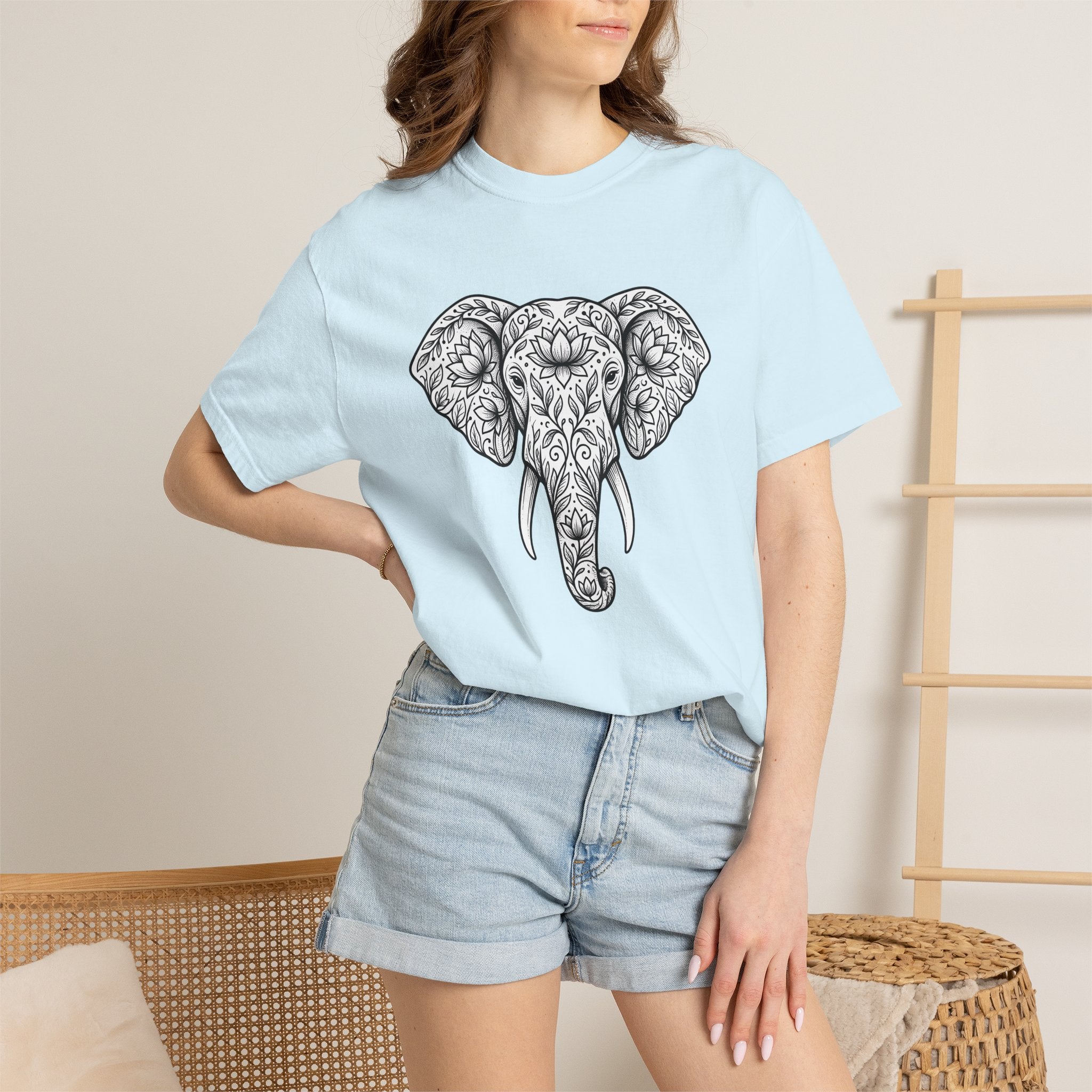 Elephant Blossom Shirt Boho Fauna Gift Women Tribal Tee Pachyderm T-Shirt Bohemian Fan Ethnic Tshirt Wildlife Graphic Henna Sacred Flower