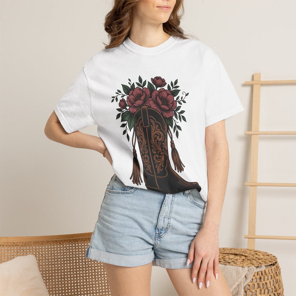 Cowgirl Boot Floral Shirt Cowgirl Rodeo Gift Women Ethnic Tee Boot Flower T-Shirt Cowboy Fan Tribal Tshirt Rodeo Graphic Sketch Suede
