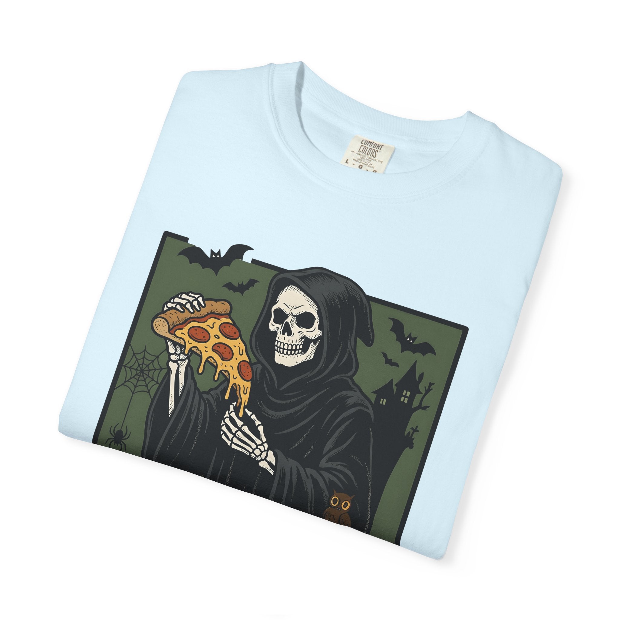 Death Skeleton Pizza Shirt Halloween Macabre Gift Women Classic Tee Skeleton Pizza T-Shirt Horror Fan Spooky Tshirt Dark Graphic Old School