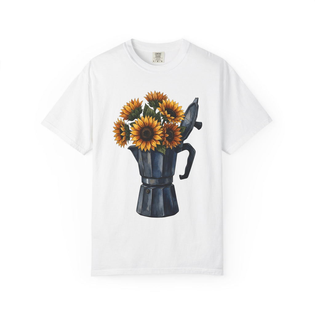 Coffee Pot Sunflowers Shirt Coffee Bouquet Gift Women Brush Stroke Tee Sunflower Pot T-Shirt Coffee Fan Painted Tshirt Floral Graphic