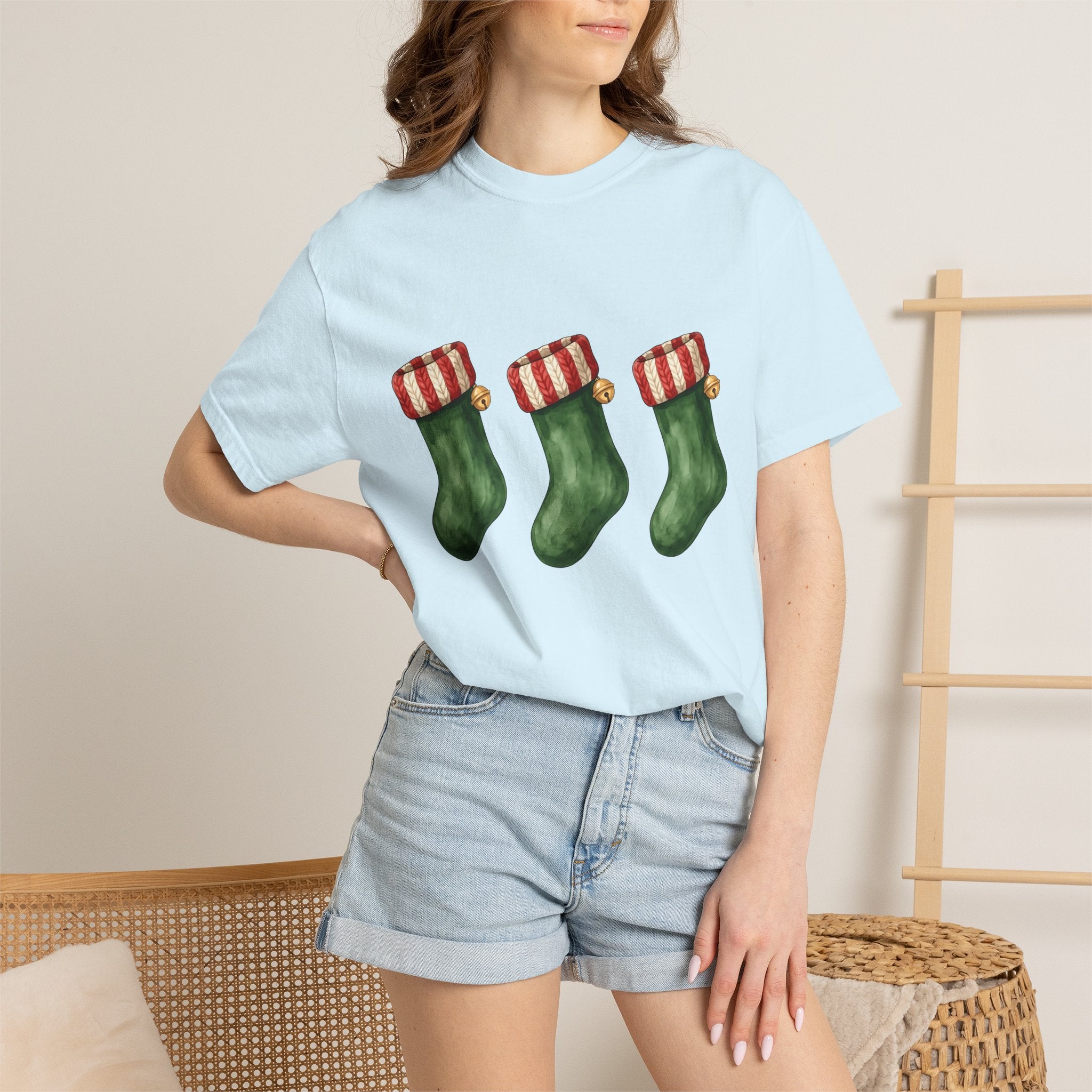 Holiday Stocking Shirt Christmas Winter Gift Women Painted Tee Stocking T-Shirt Xmas Fan Handpainted Tshirt Frosty Graphic Ink Drawing