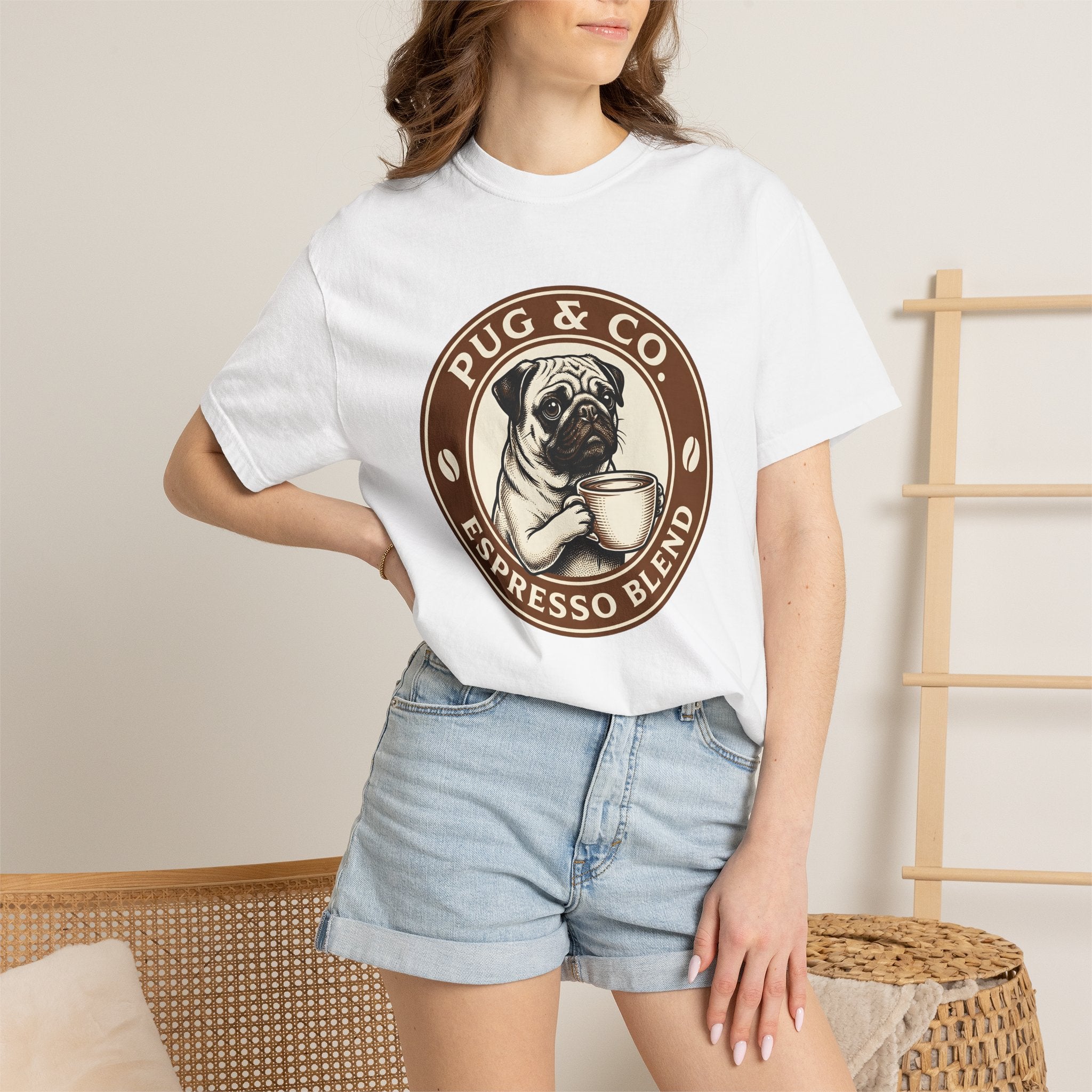 Pug Coffee Cup Shirt Coffee Dog Gift Women Vintage Tee Coffee Mug T-Shirt Coffee Fan Retro Tshirt Canine Graphic Hand Drawn Coffee Beans
