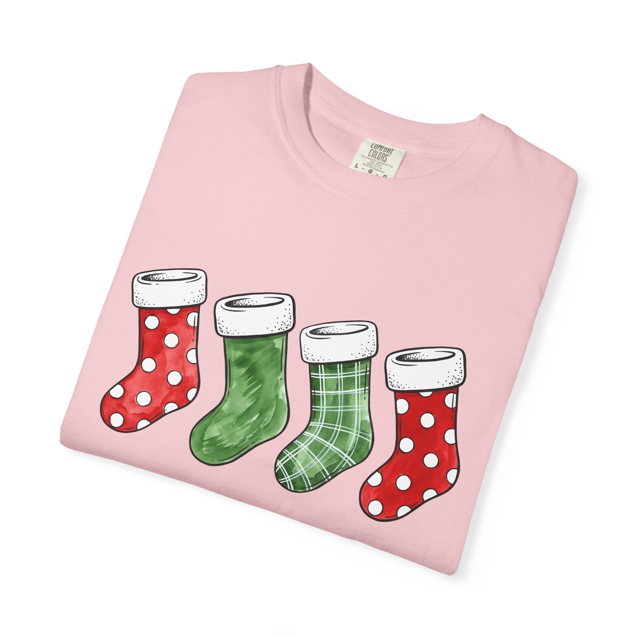 Christmas Stockings Shirt Christmas Holiday Gift Women Watercolor Tee Stocking T-Shirt Xmas Fan Watercolour Tshirt Seasonal Graphic Sketch