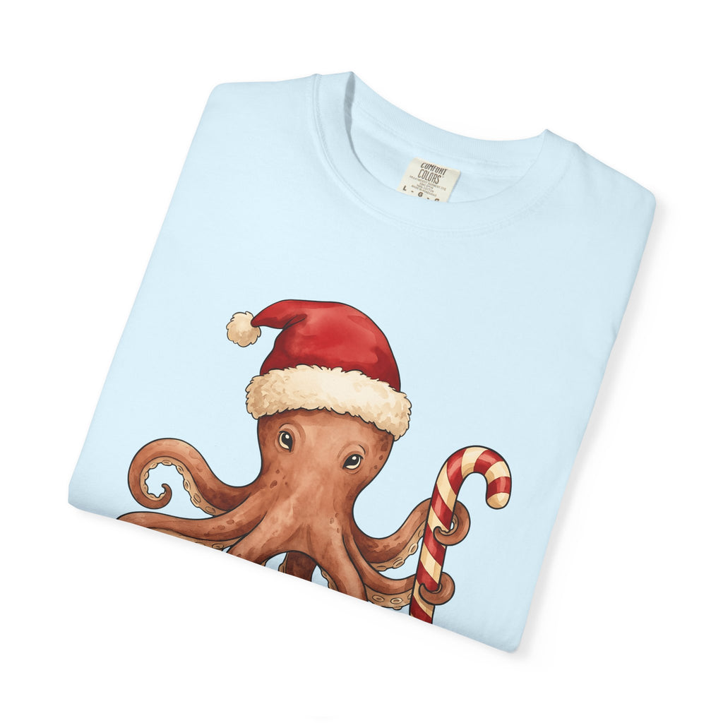 Octopus Christmas Hat Shirt Animals Holiday Gift Women Paint Tee Cephalopod T-Shirt Creature Fan Watercolor Tshirt Christmas Graphic Doodle
