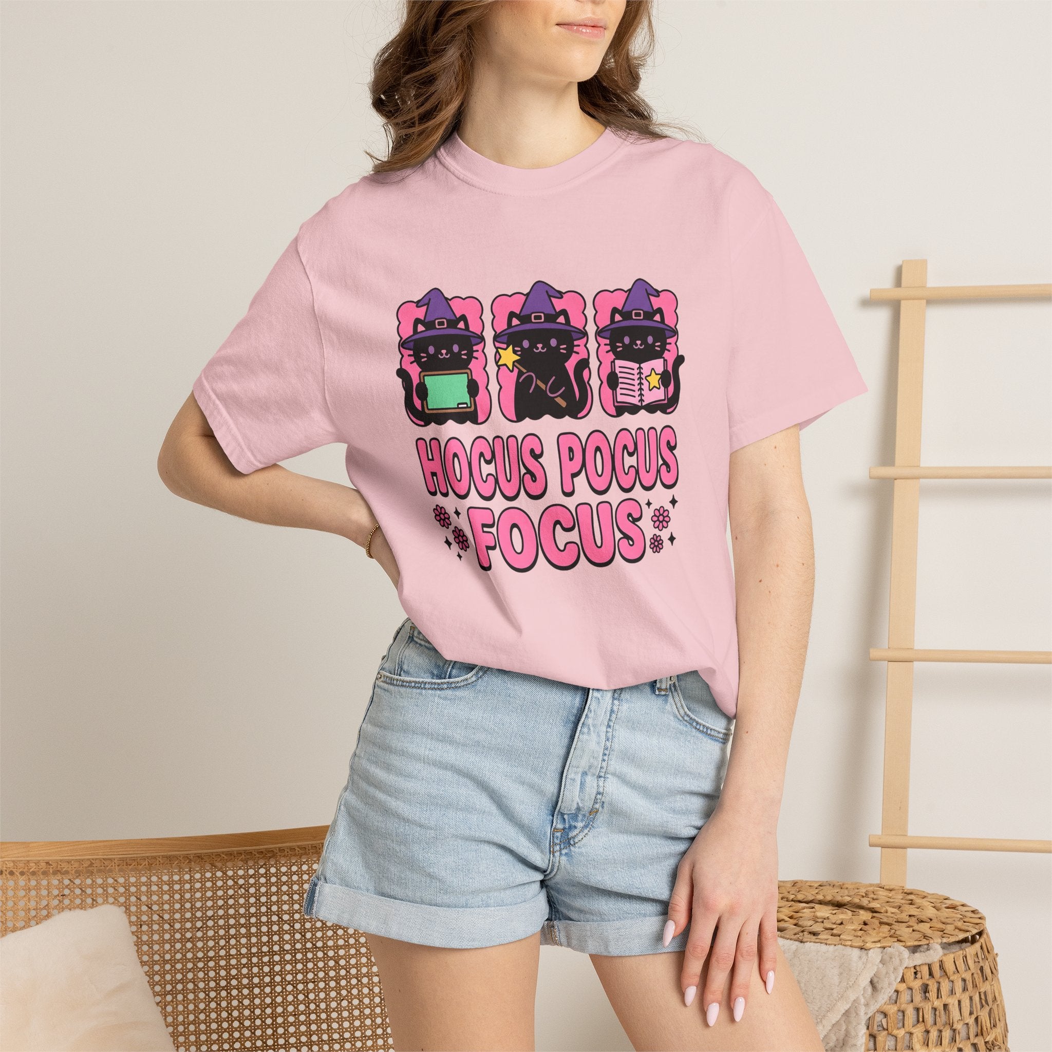 Witch Cat Shirt Teachers Halloween Gift Women Kawaii Tee Cat Lady T-Shirt Educator Enthusiast Cute Tshirt Spooky Graphic Cartoon Magic Wand