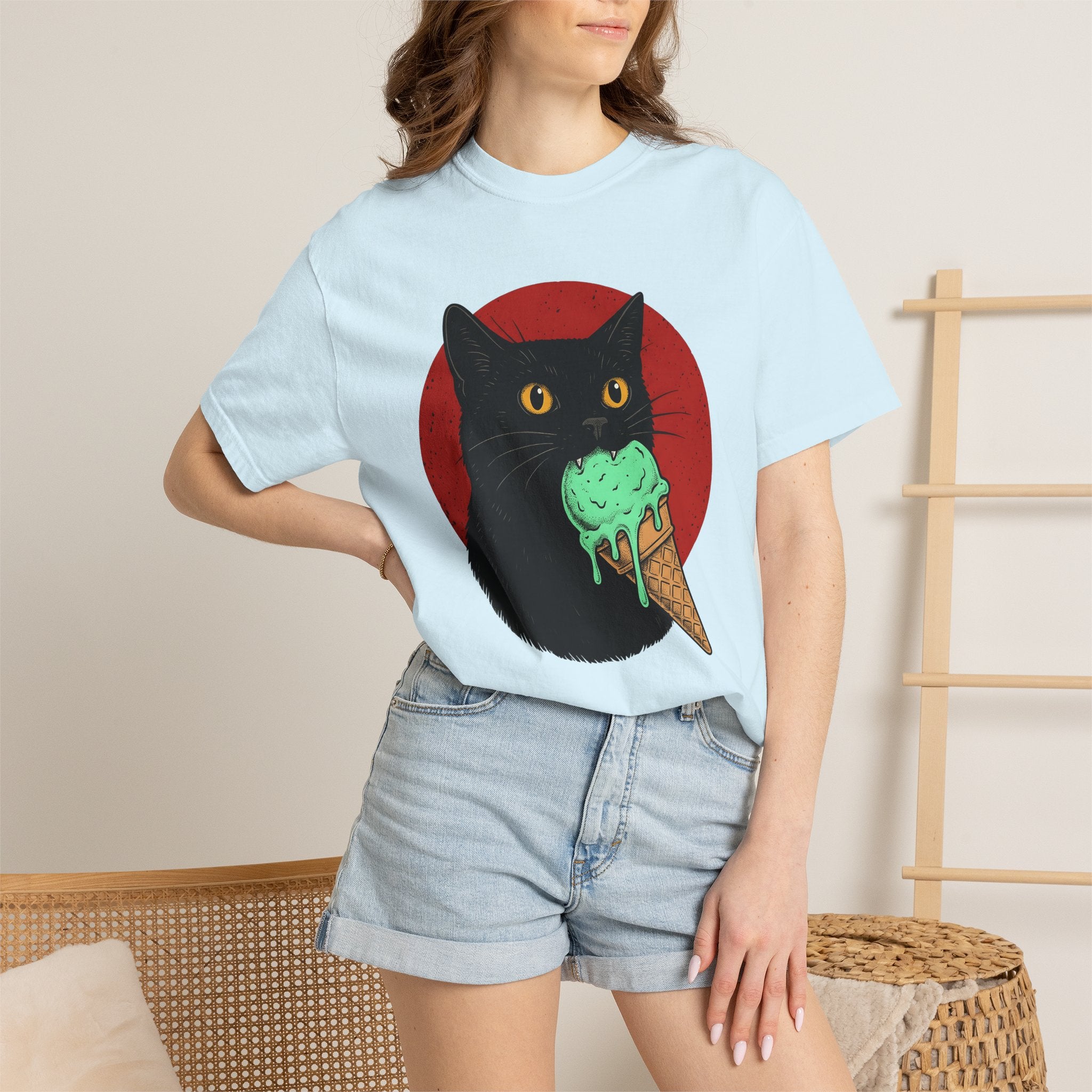 Black Cat Shirt Cat Culinary Gift Women Modern Graphic Tee Cat T-Shirt Feline Fan Kitty Tshirt Foodie Design Classic Ice Cream Cone Tshirt