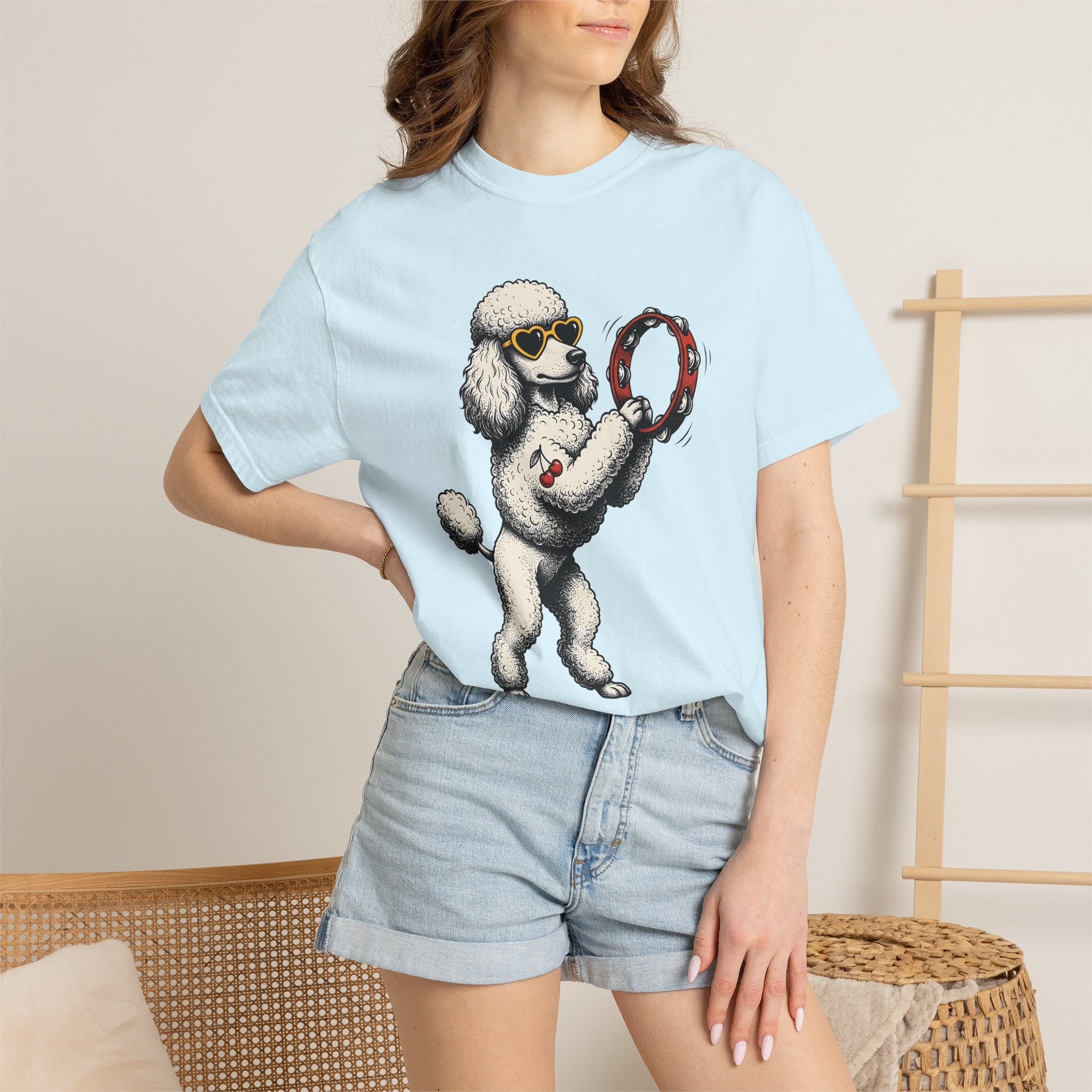 Poodle Dog Shirt Dog Music Gift Women Cartoon Tee Poodle T-Shirt Dog Fan Comic Tshirt Melody Graphic Retro Tambourine Tshirt