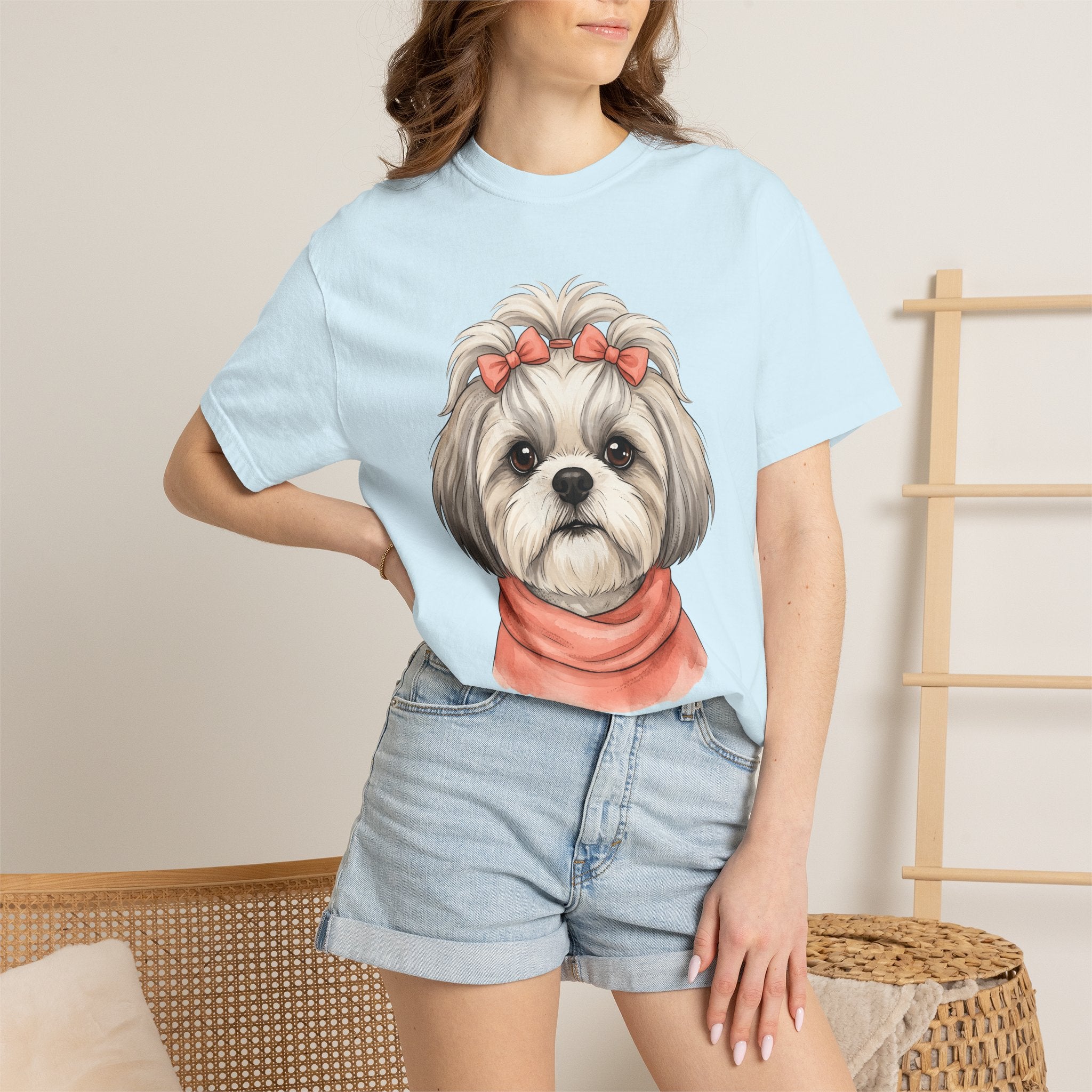 Shih Tzu Dog Shirt Dog Pet Gift Women Cute Tee Dog T-Shirt Dog Fan Puppy Tshirt Pet Graphic Hand Drawn Bow Tshirt