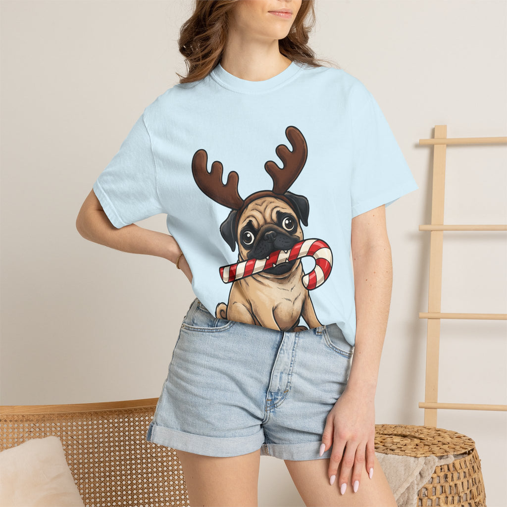 Pug Shirt Christmas Puppy Gift Women Caricature Tee Pug T-Shirt Xmas Fan Cartoon Tshirt Puppy Graphic Doodle Striped Candy Tshirt
