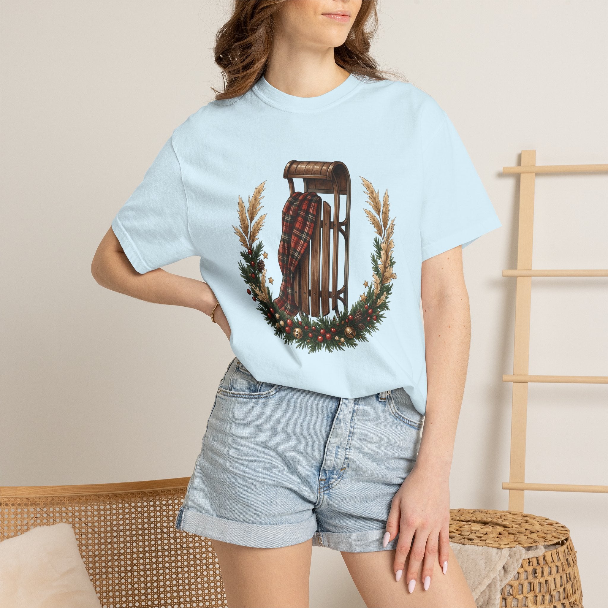 Vintage Sled Shirt Christmas Winter Gift Women Cozy Tee Toboggan T-Shirt Xmas Fan Holiday Tshirt Frosty Graphic Hand Drawn Pine Wreath