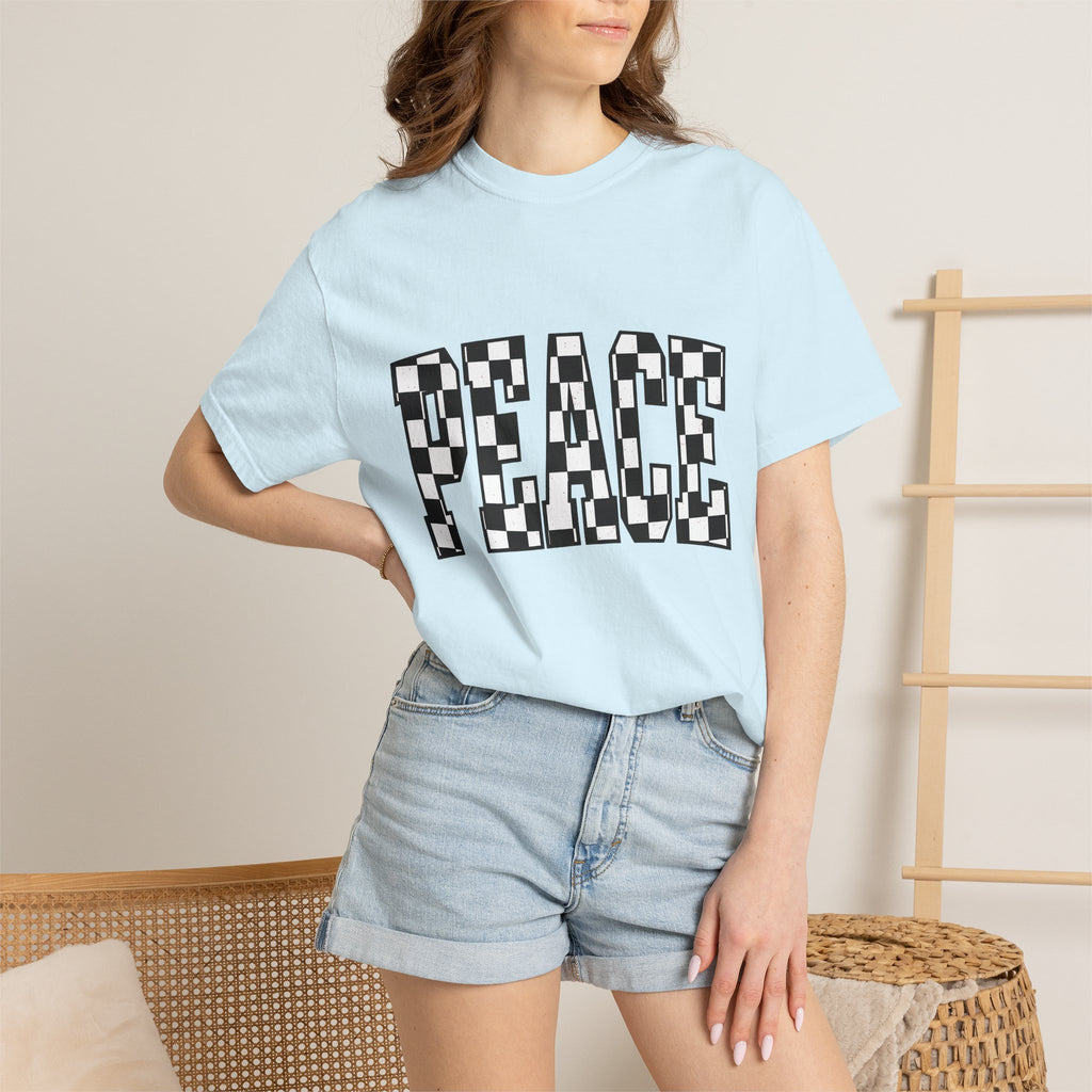 Checkered Text Shirt Peace Inspirational Gift Women Bold Tee Plaid T-Shirt Harmony Fan Graphic Design Minimalist Retro Pattern Tshirt