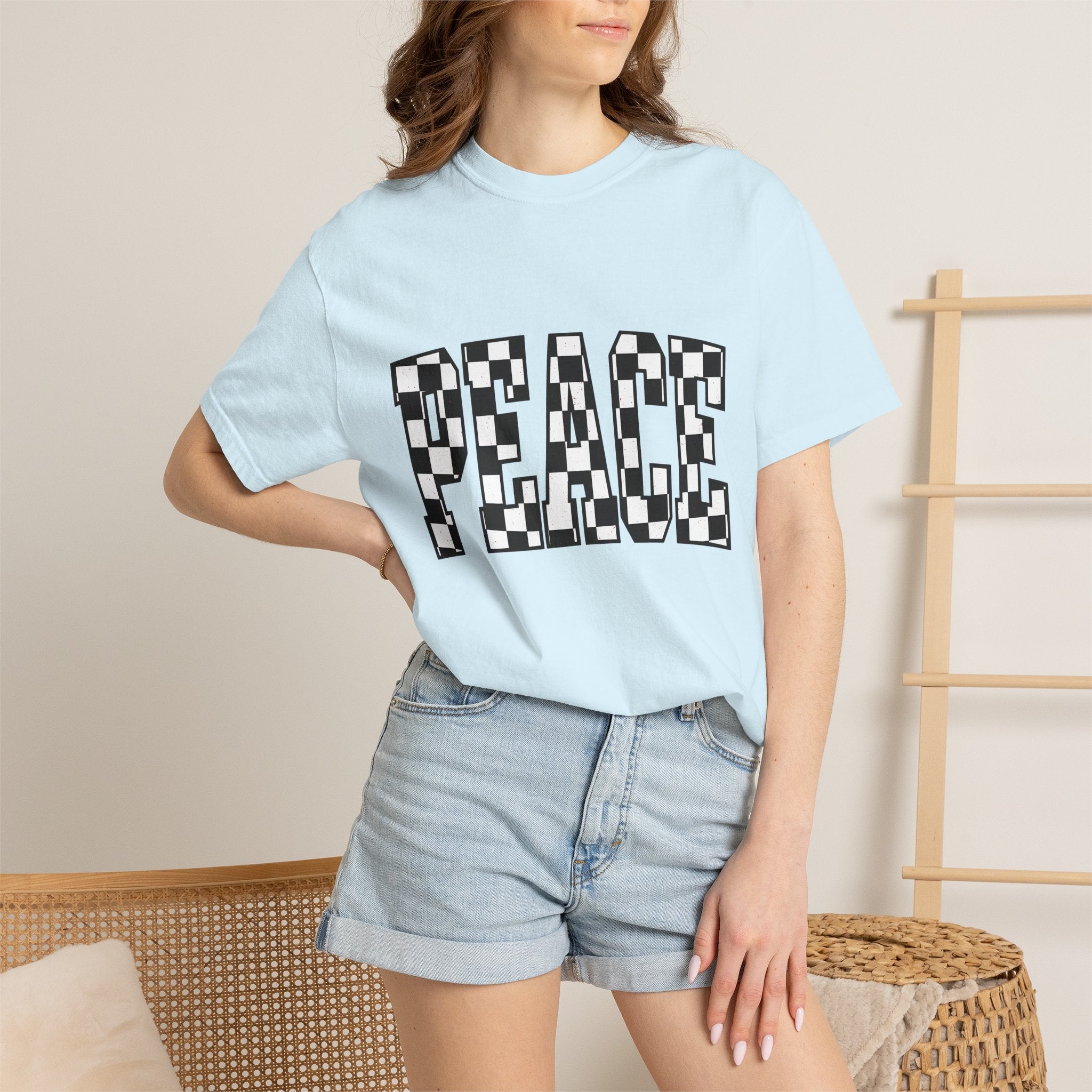 Checkered Text Shirt Peace Inspirational Gift Women Bold Tee Plaid T-Shirt Harmony Fan Graphic Design Minimalist Retro Pattern Tshirt