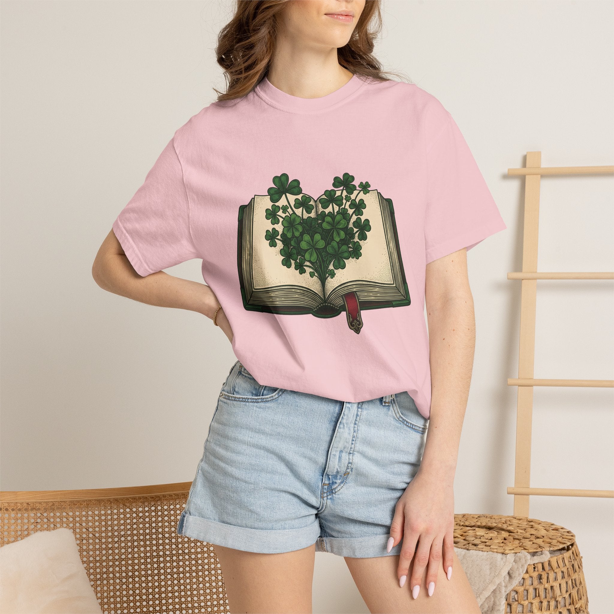 Lucky Leaf Book Shirt St Patrick's Day Amulet Gift Women Hand Drawn Tee Book T-Shirt Patrick's Day Enthusiast Illustrated Graphic Tshirt