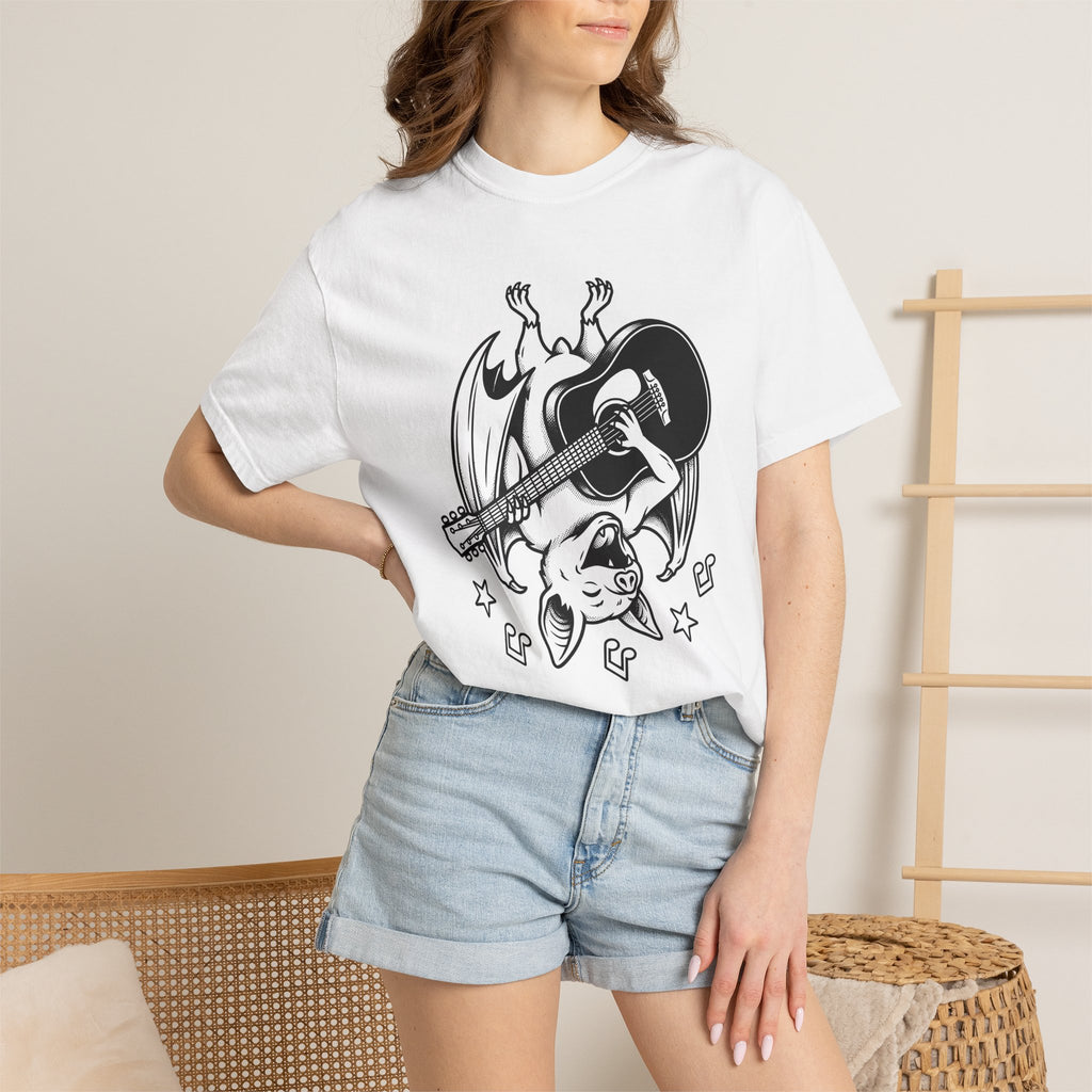 Bat Guitar Shirt Funny Nature Gift Women Illustration Tee Guitar T-Shirt Comedian Fan Cartoon Tshirt Wildlife Graphic Hand Drawn Musical