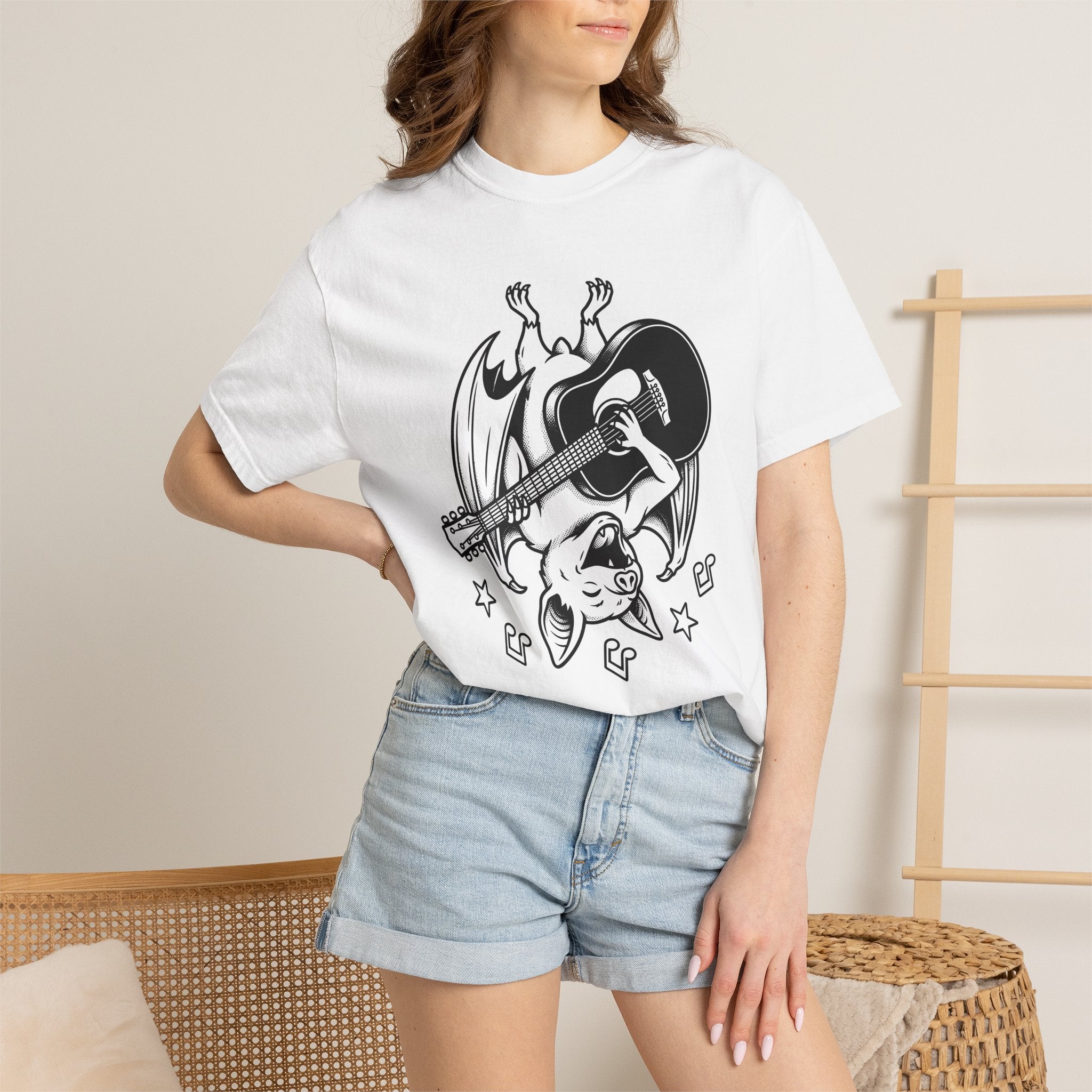 Bat Guitar Shirt Funny Nature Gift Women Illustration Tee Guitar T-Shirt Comedian Fan Cartoon Tshirt Wildlife Graphic Hand Drawn Musical