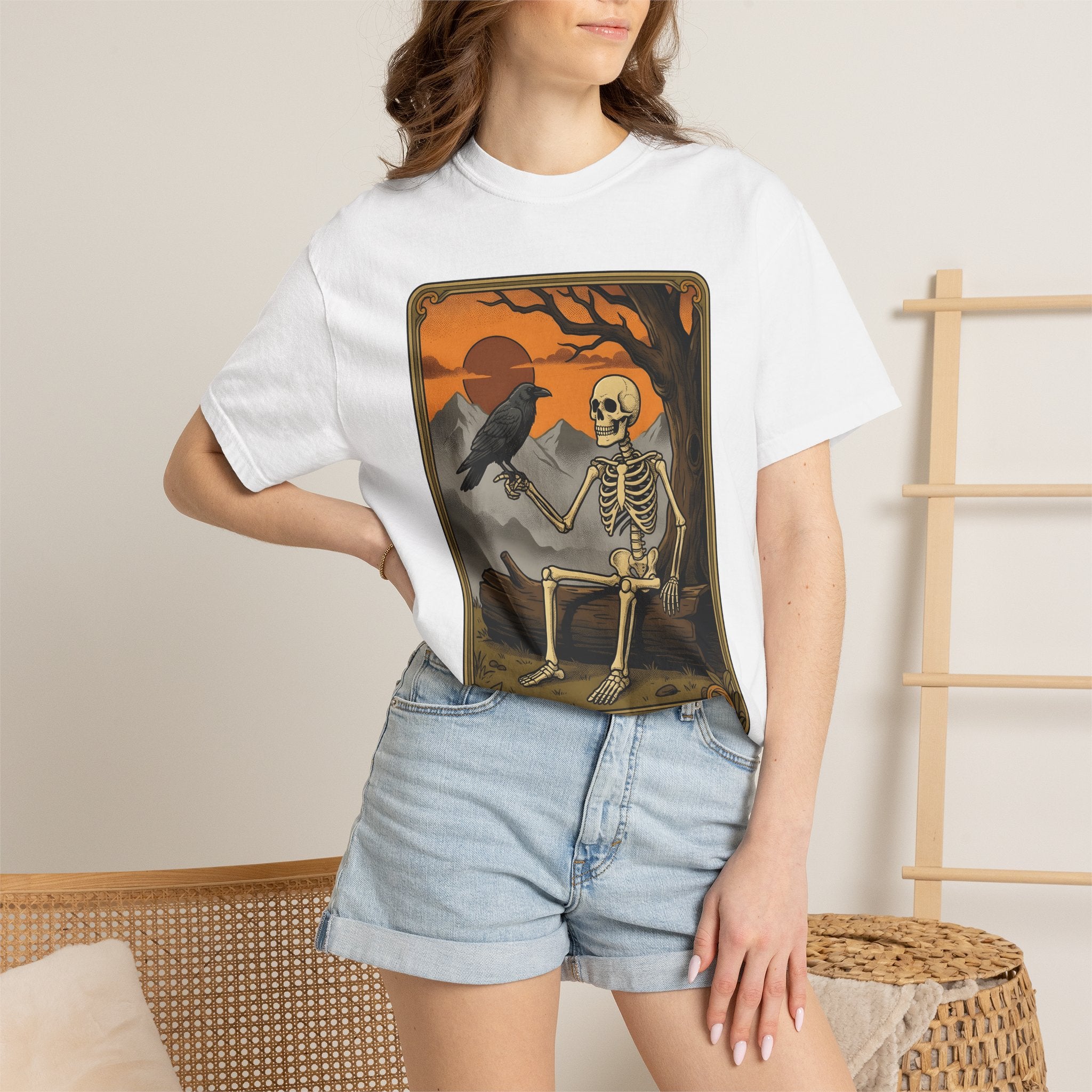 Skeleton Crow Shirt Boho Chic Paranormal Gift Women Sketch Tee Crow T-Shirt Bohemian Fan Doodle Tshirt Supernatural Graphic Divination