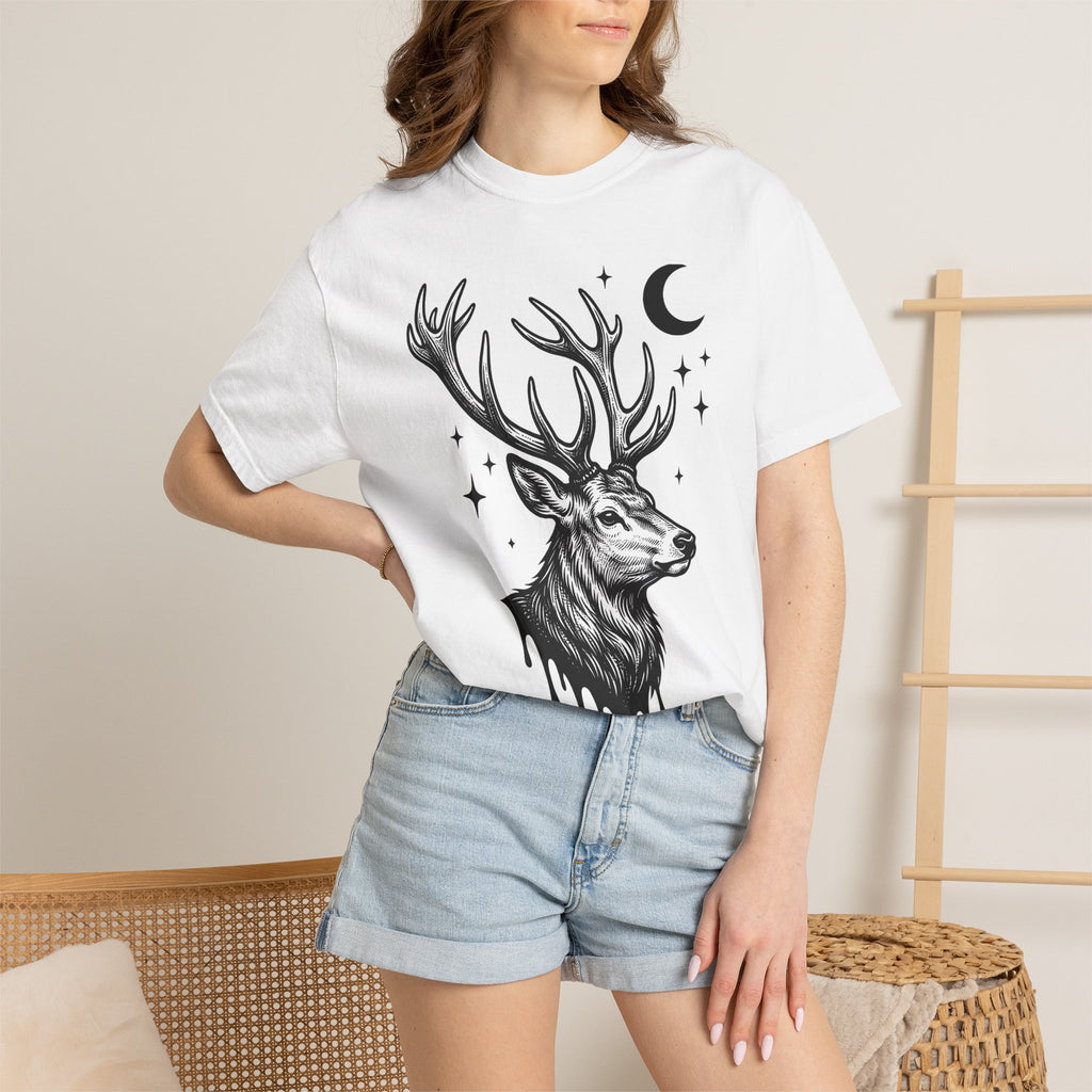 Buck Horns Shirt Boho Chic Forest Gift Women Cartoon Tee Antlers T-Shirt Bohemian Fan Tooned Tshirt Woods Graphic Sketch Moon Shape Tshirt