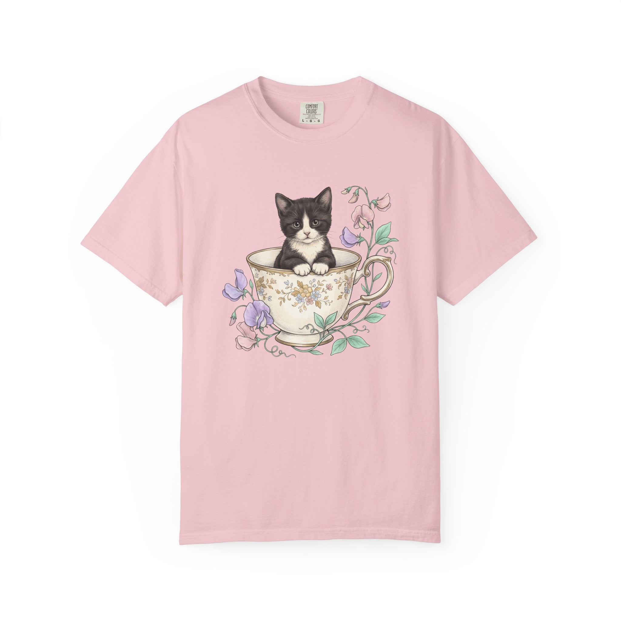 Cat Teacup Shirt Cat Leaves Gift Women Floral Design Tee Kitty T-Shirt Feline Fan Floral Tshirt Foliage Graphic Shabby Chic Petals Tshirt
