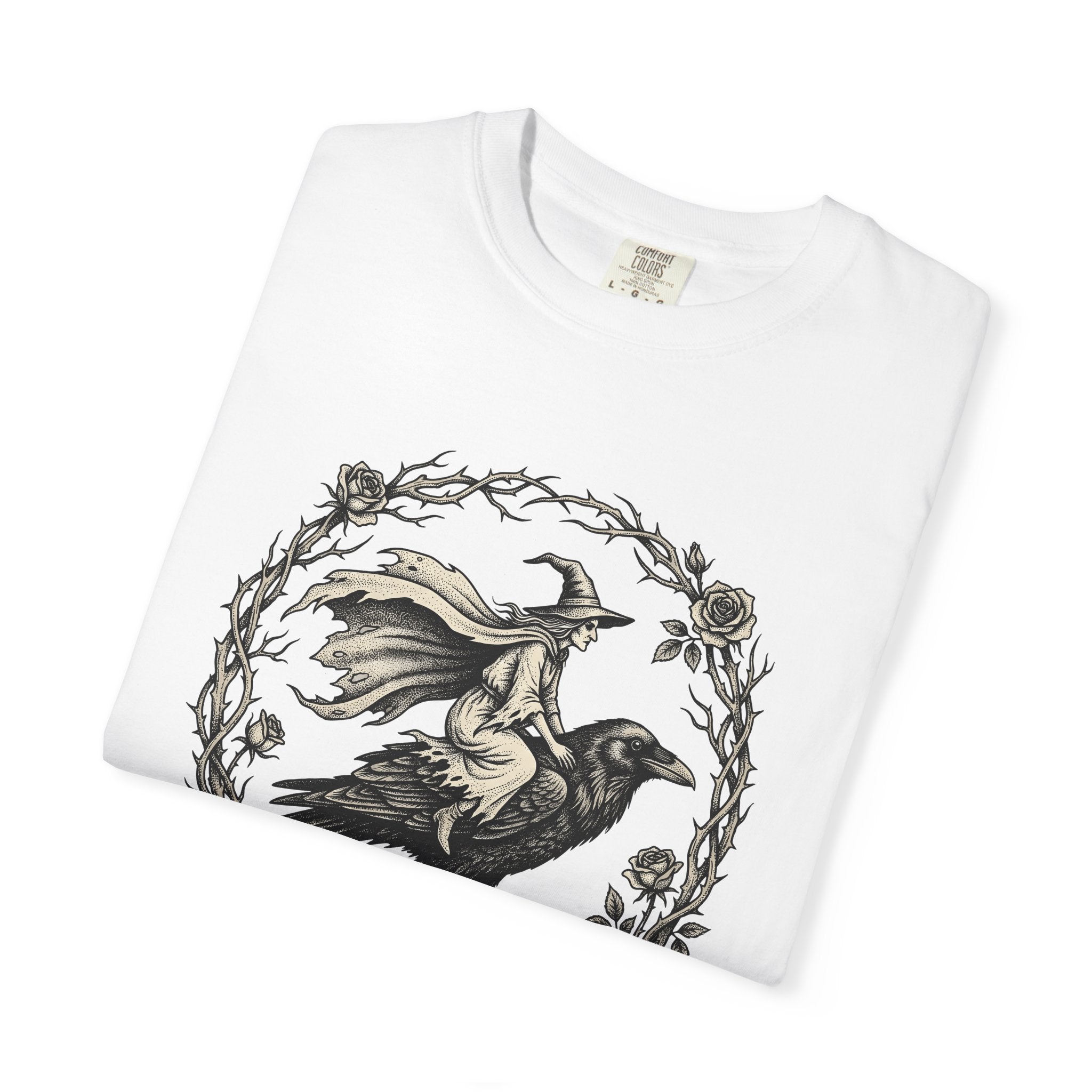 Sorceress Raven Shirt Witchcraft Fall Gift Women Creepy Tee Witch T-Shirt Pagan Enthusiast Spooky Tshirt Autumn Graphic Aged Bloom Tshirt