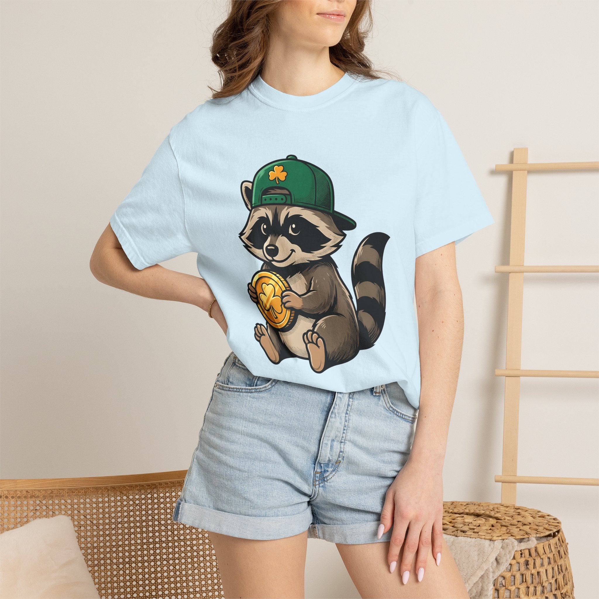 Raccoon Coin Shirt St Patrick's Day Animal Gift Women Cartoon Tee Coin Purse T-Shirt St Patricks Fan Cartoonish Tshirt Wildlife Graphic