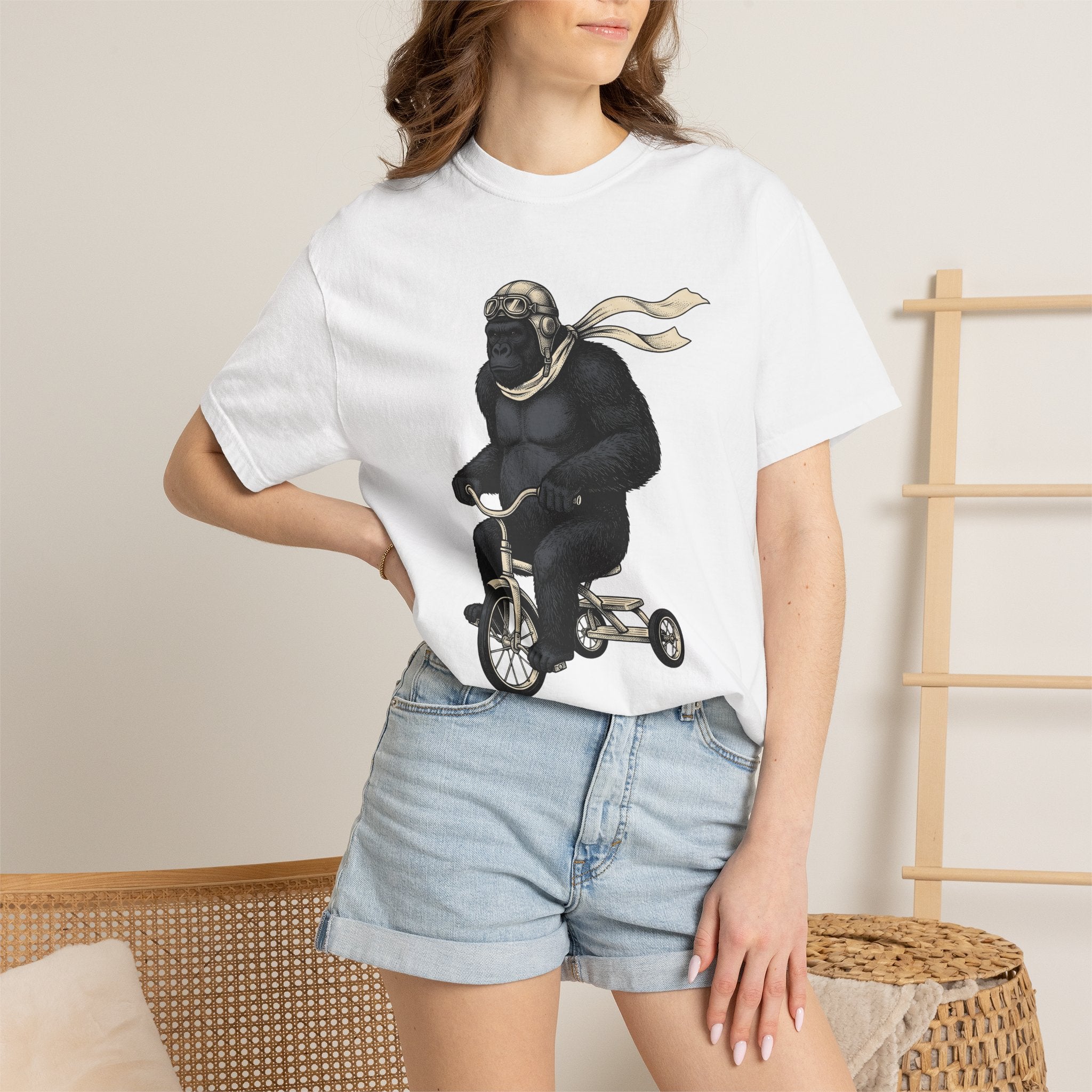 Ape Bike Shirt Animals Jokes Gift Women Retro Tee Monkey Bike T-Shirt Wildlife Fan Prank Graphic Tshirt Sketch Pilot Cap Tshirt