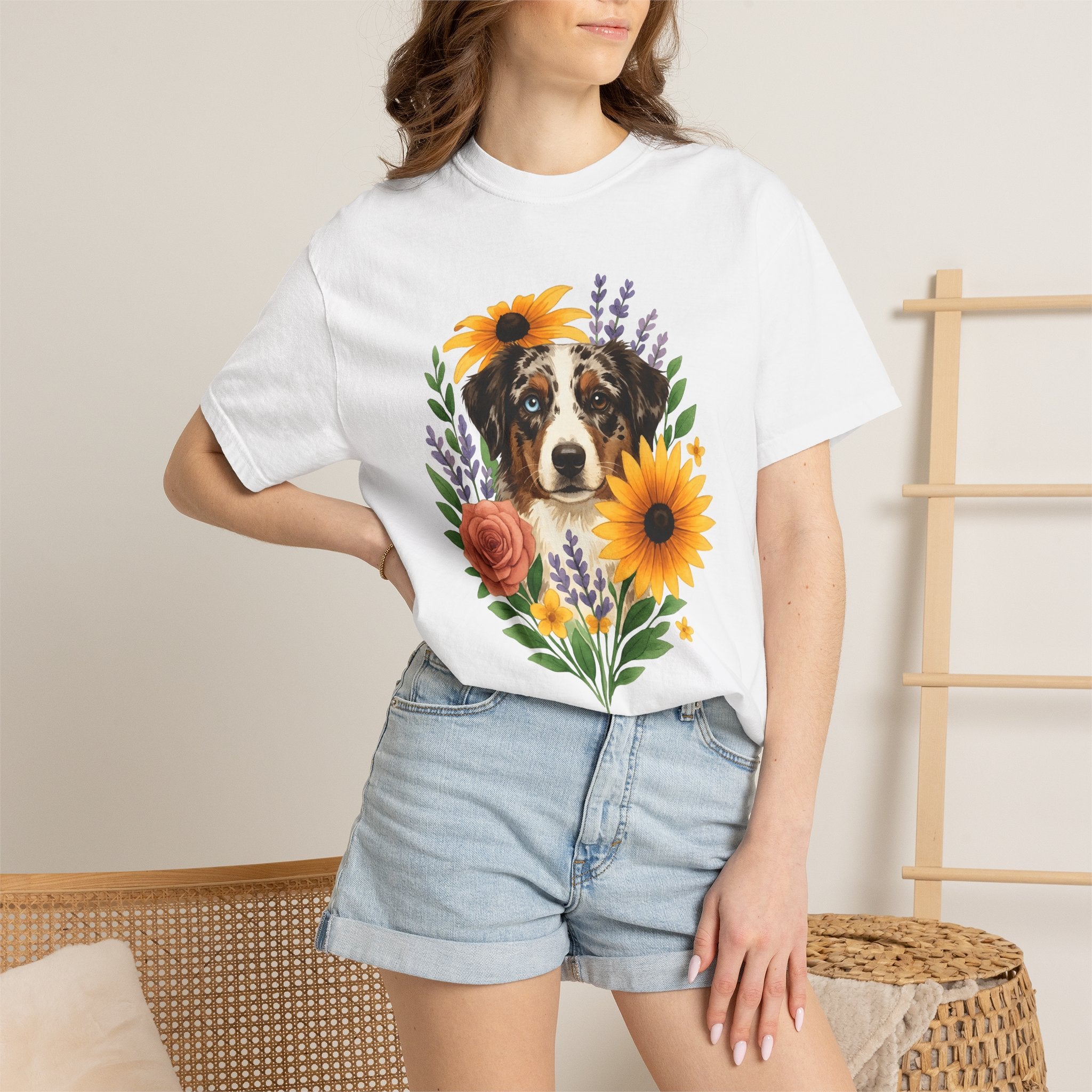 Aussie Breed Shirt Dog Bouquet Gift Women Painterly Tee Australian Dog T-Shirt Dog Fan Watercolor Tshirt Floral Graphic Folk Petals Tshirt