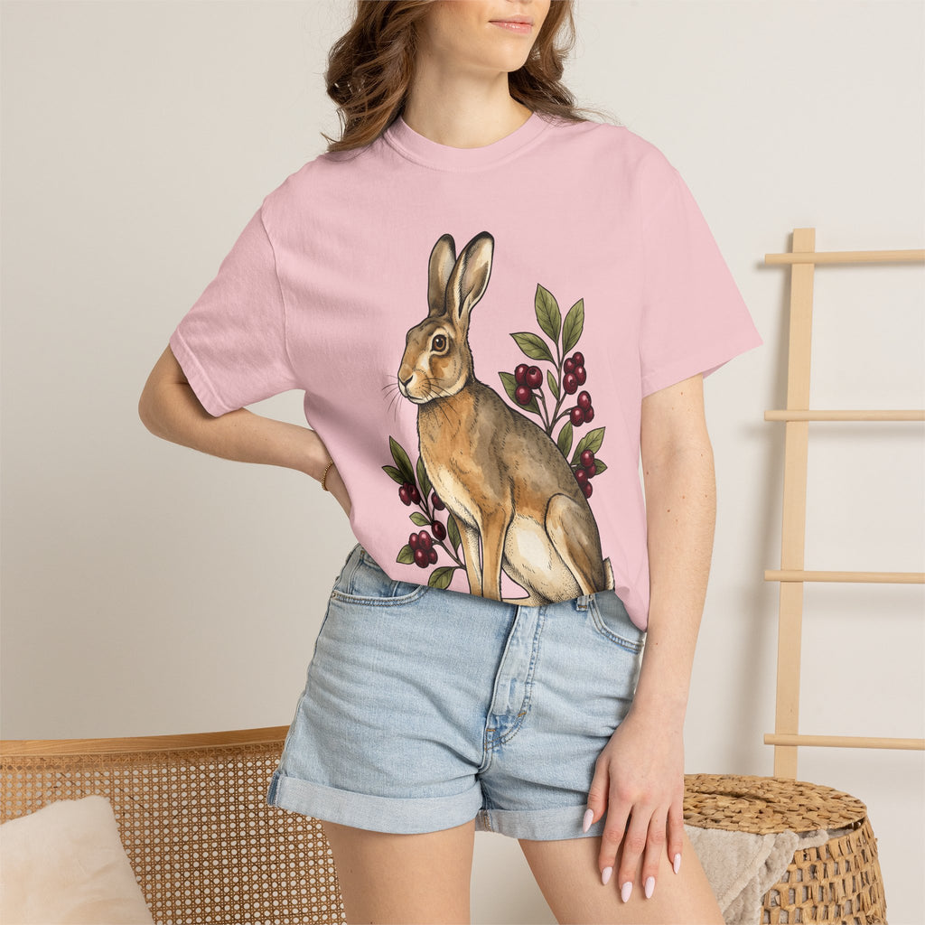 Rabbit Drawing Shirt Holiday Creature Gift Women Garden Tee Bunny T-Shirt Vacation Fan Floral Tshirt Animal Graphic Retro Berry Tshirt
