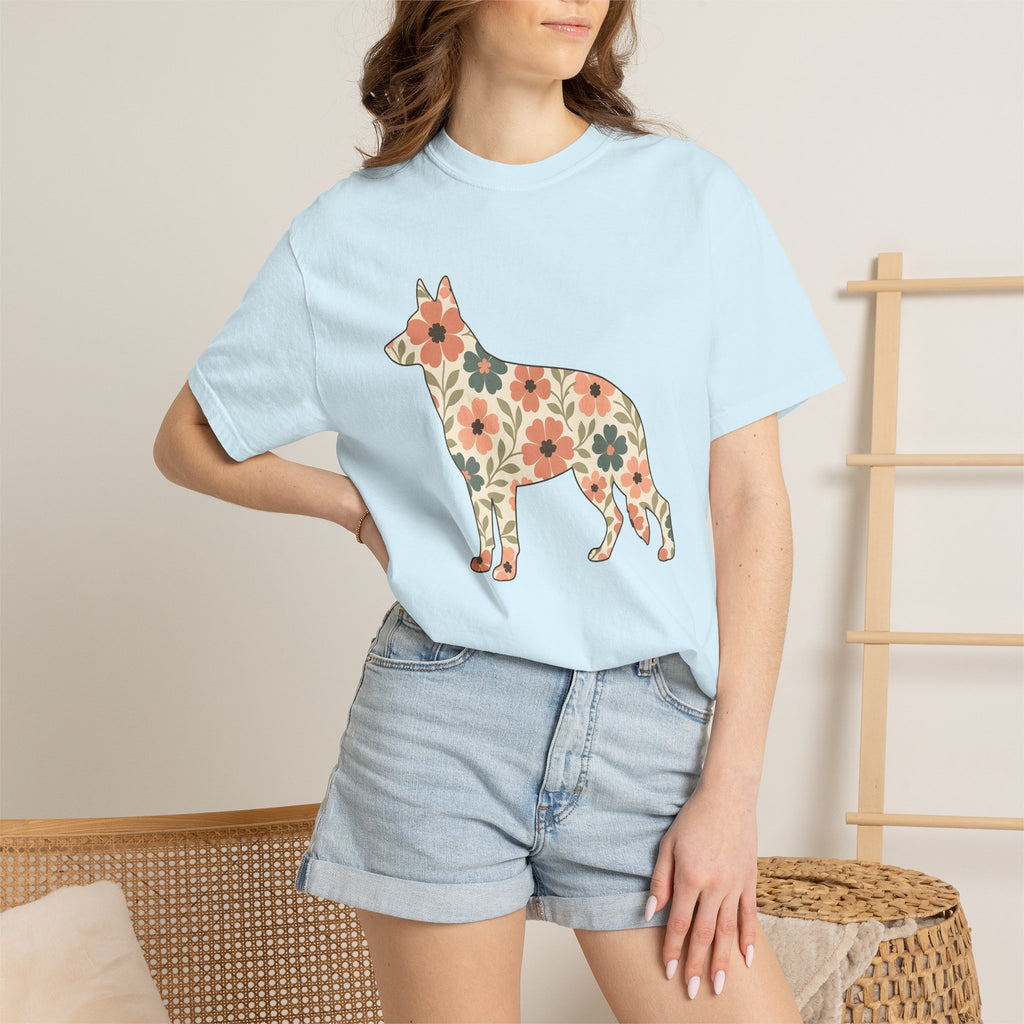 German Shepherd Puppy Shirt Dog Critters Gift Women Flower Art Tee Alsatian T-Shirt Dog Fan Canine Graphic Tshirt Clean Floral Tshirt