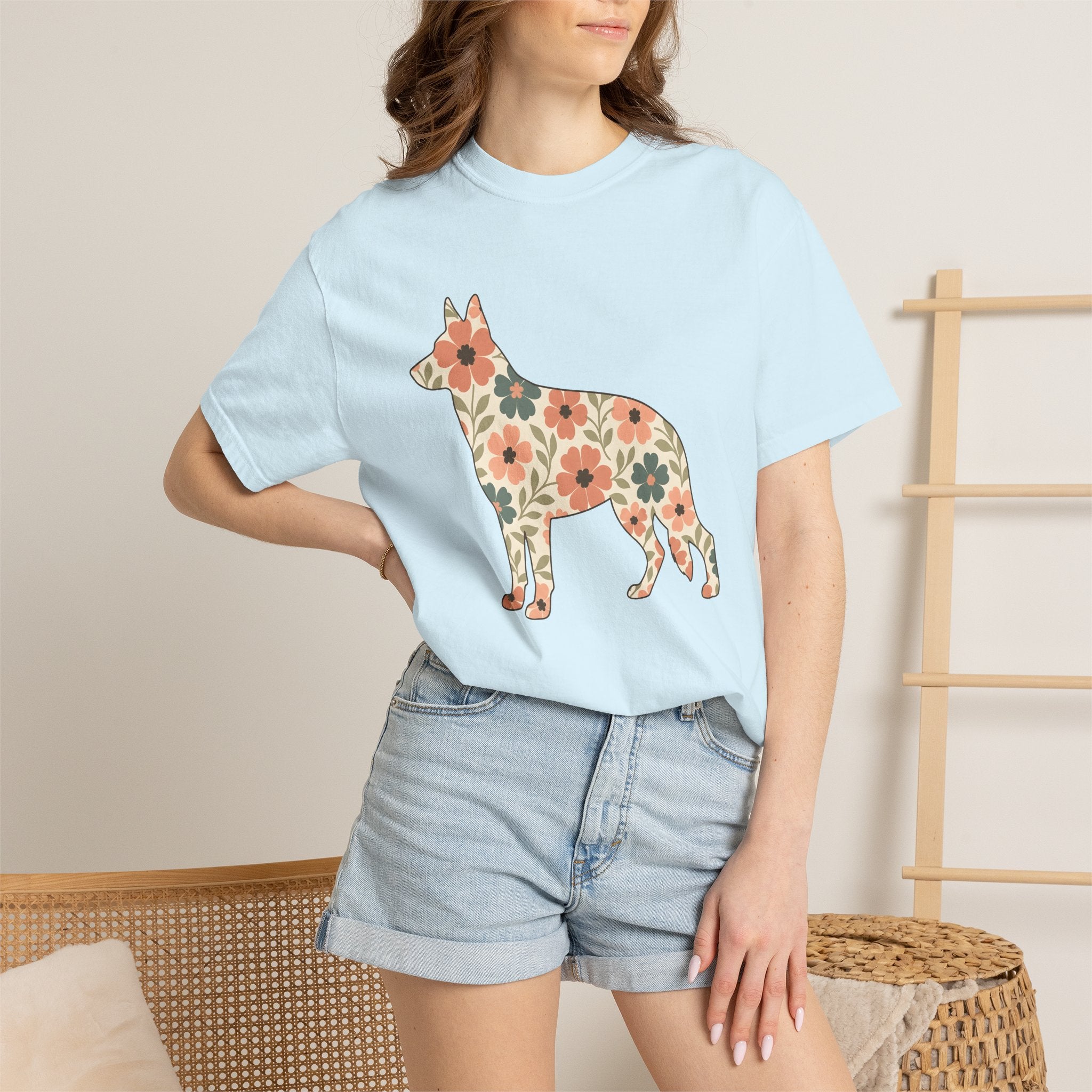 German Shepherd Puppy Shirt Dog Critters Gift Women Flower Art Tee Alsatian T-Shirt Dog Fan Canine Graphic Tshirt Clean Floral Tshirt