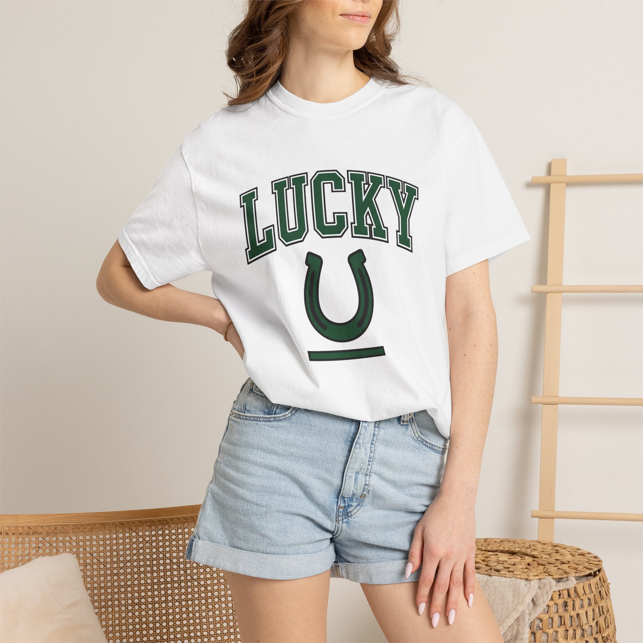 Horseshoe Graphic Shirt St Patricks Day Luck Gift Women Varsity Tee Horseshoe T-Shirt Lucky Fan Lucky Charm Graphic Design Minimalist Bold