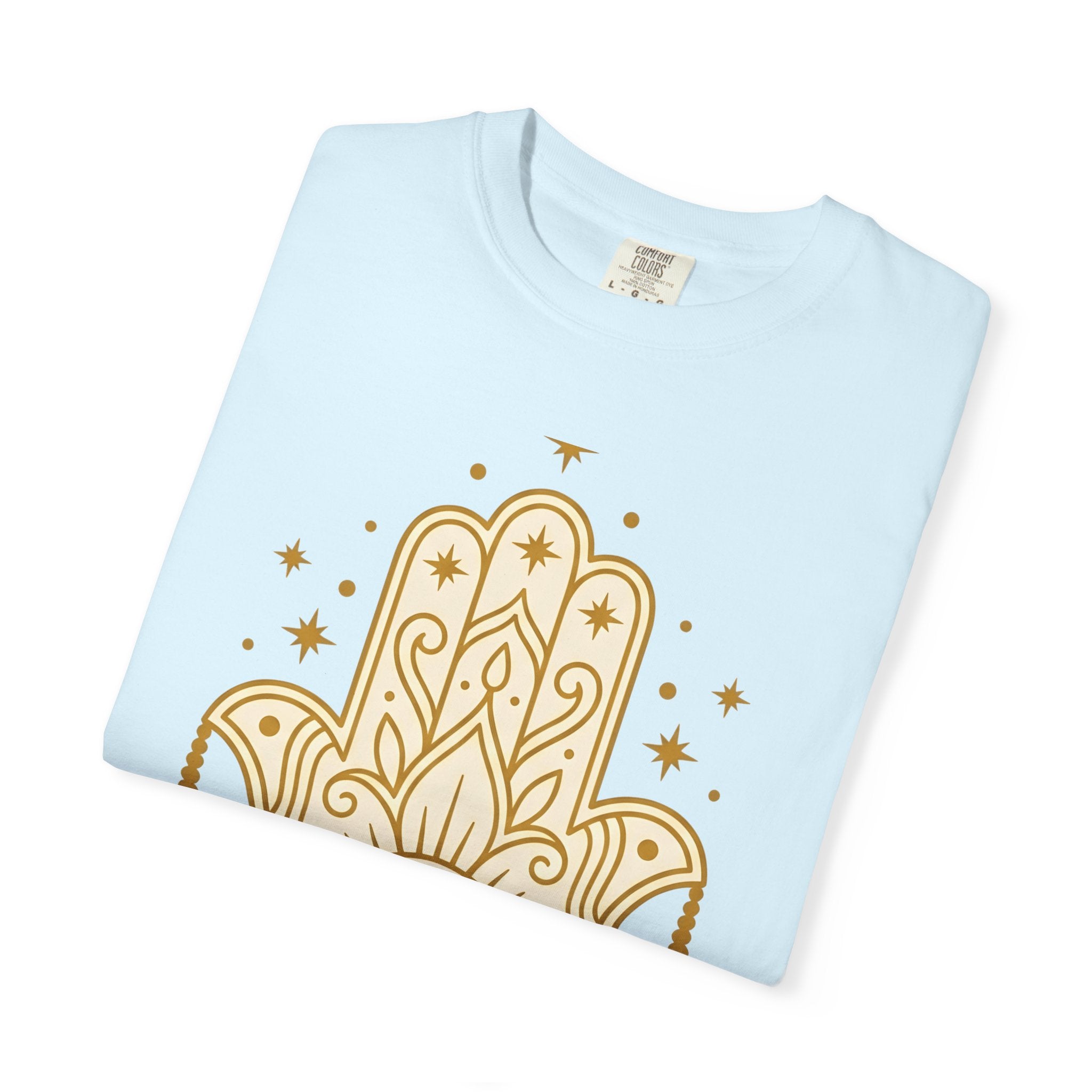 Hamsa Charm Shirt Boho Chic Meditation Gift Women Sketch Tee Hand Charm T-Shirt Bohemian Enthusiast Drawing Illustration Spiritual Design