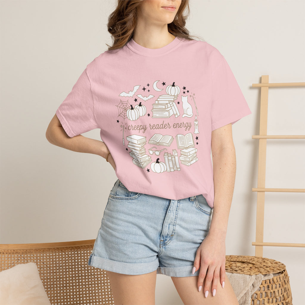 Creepy Book Pile Shirt Halloween Reader Gift Women Sketch Tee Book Stack T-Shirt Horror Fan Drawing Illustration Retro Jack-O-Lantern Tshirt
