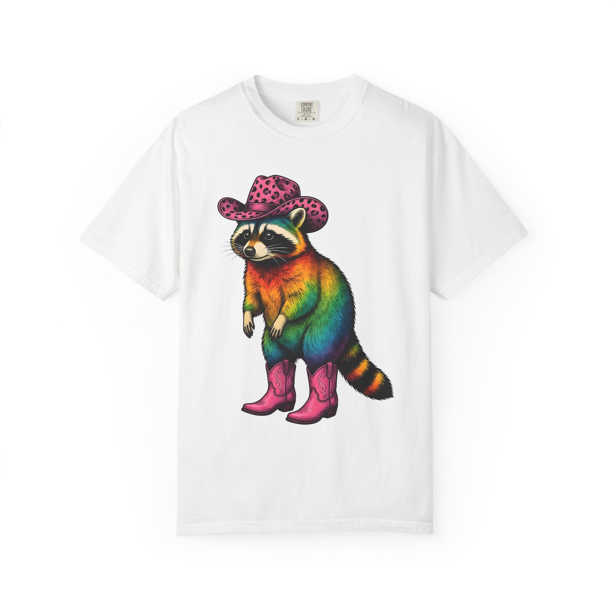 Colorful Raccoon Shirt Cowgirl Wildlife Gift Women Vibrant Graphic Tee Raccoon T-Shirt Cowgirl Fan Animal Graphic Wildlife Illustration
