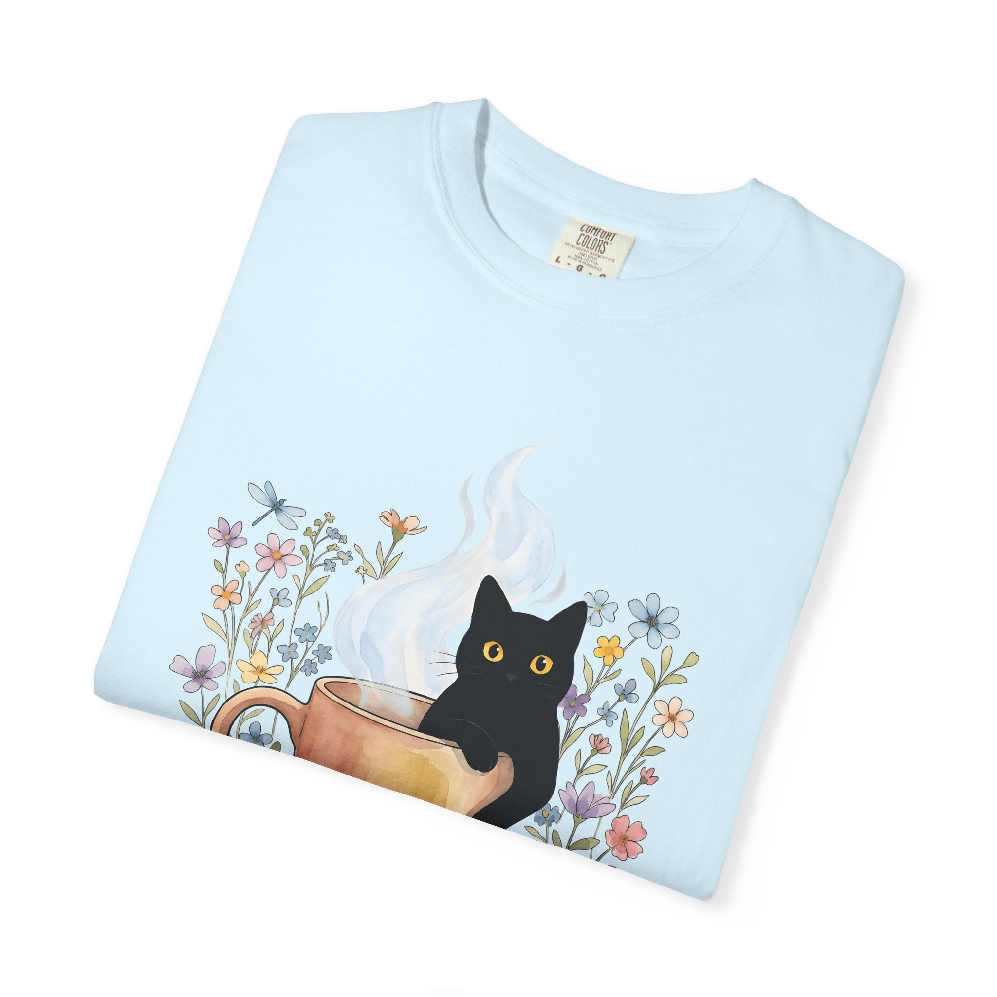 Black Cat Cup Shirt Cat Espresso Gift Women Hand Painted Tee Cat Mug T-Shirt Cat Fan Feline Tshirt Coffee Graphic Playful Garden Flowers