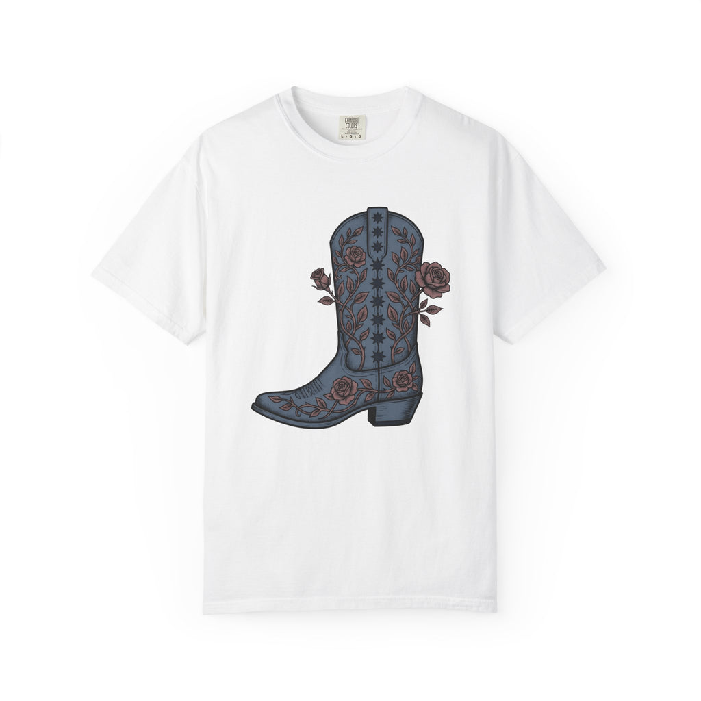 Leather Boot Shirt America Ranch Gift Women Retro Vintage Tee Boot T-Shirt American Enthusiast Cowboy Graphic Tshirt Ink Drawing Floral