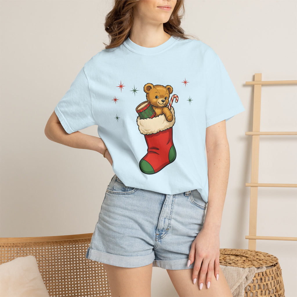 Teddy Bear Stocking Shirt Christmas Wrapping Gift Women Line Art Tee Stocking T-Shirt Holiday Fan Minimalist Tshirt Packaging Graphic