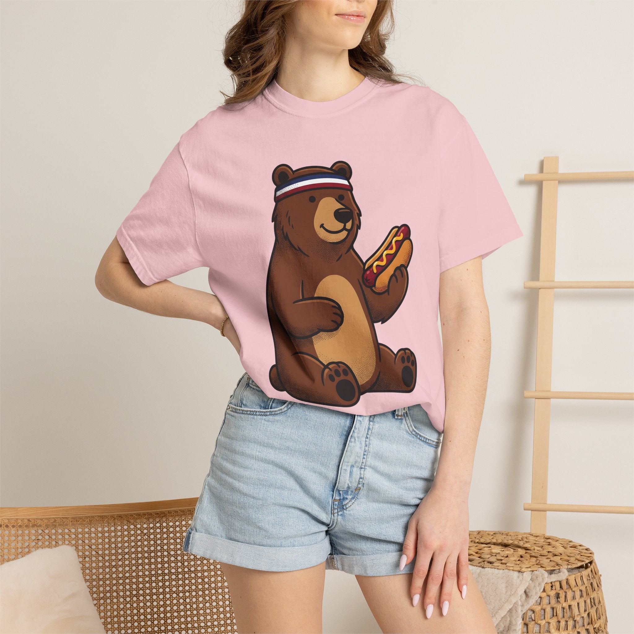 Bear Sausage Shirt America Flag Gift Women Comic Tee Sausage T-Shirt Patriot Fan Cartoon Tshirt Banner Graphic Vintage Sweatband Tshirt