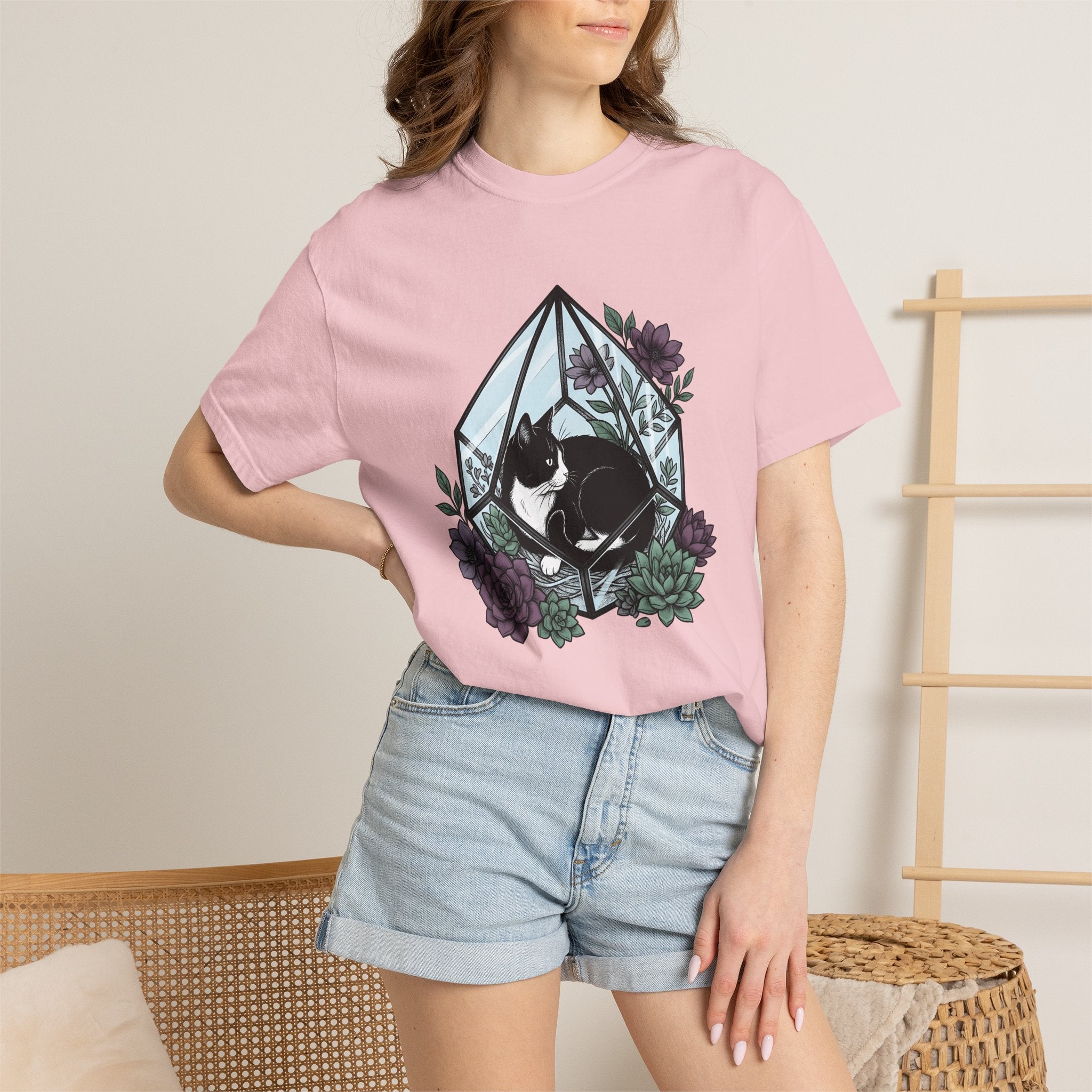 Tuxedo Cat Shirt Cat Plants Gift Women Garden Tee Black Cat T-Shirt Cat Fan Foliage Graphic Tshirt Line Art Aloe Tshirt