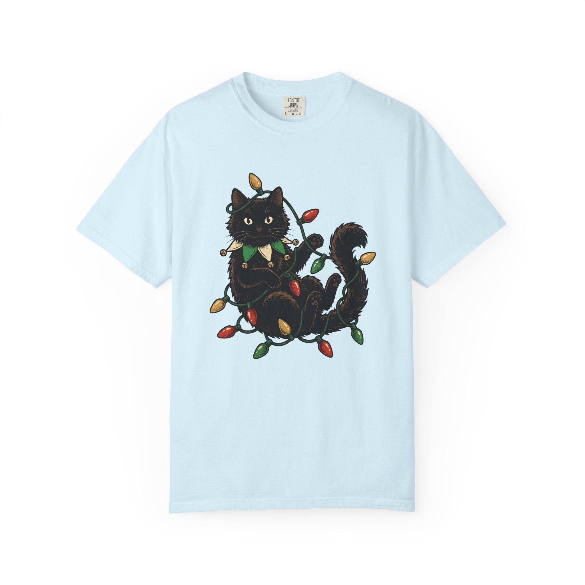 Black Cat Shirt Christmas Pet Gift Women Vintage Tee Cat T-Shirt Xmas Fan Retro Tshirt Animal Graphic Hand Drawn Christmas Lights Tshirt