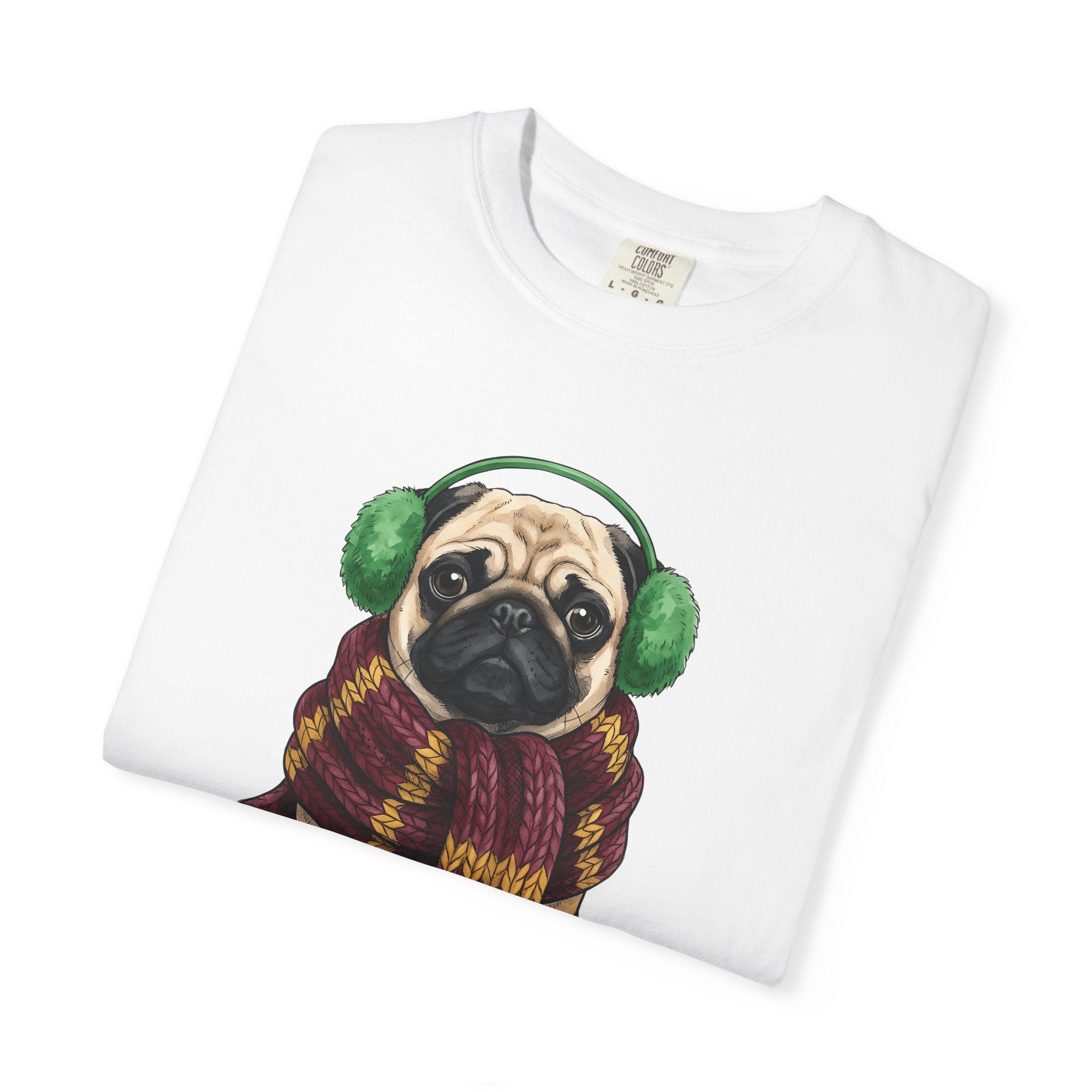Pug Dog Shirt Dog Winter Gift Women Hand Drawn Tee Puggle T-Shirt Dog Fan Canine Graphic Cold Weather Design Tee Vintage Scarf Tshirt