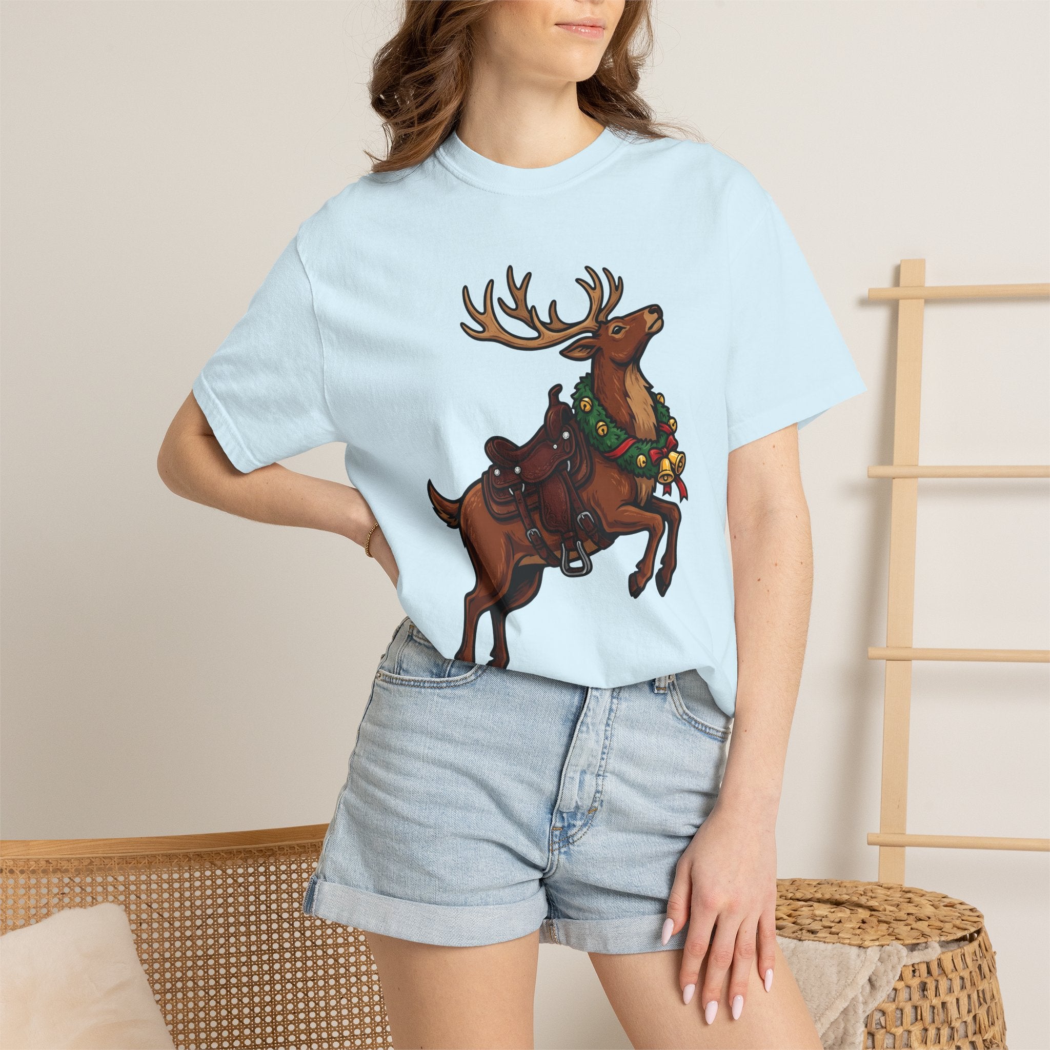Elk Saddle Shirt Christmas Pets Gift Women Animated Tee Saddle Blanket T-Shirt Xmas Fan Cartoon Tshirt Animal Graphic Hand Drawn Christmas