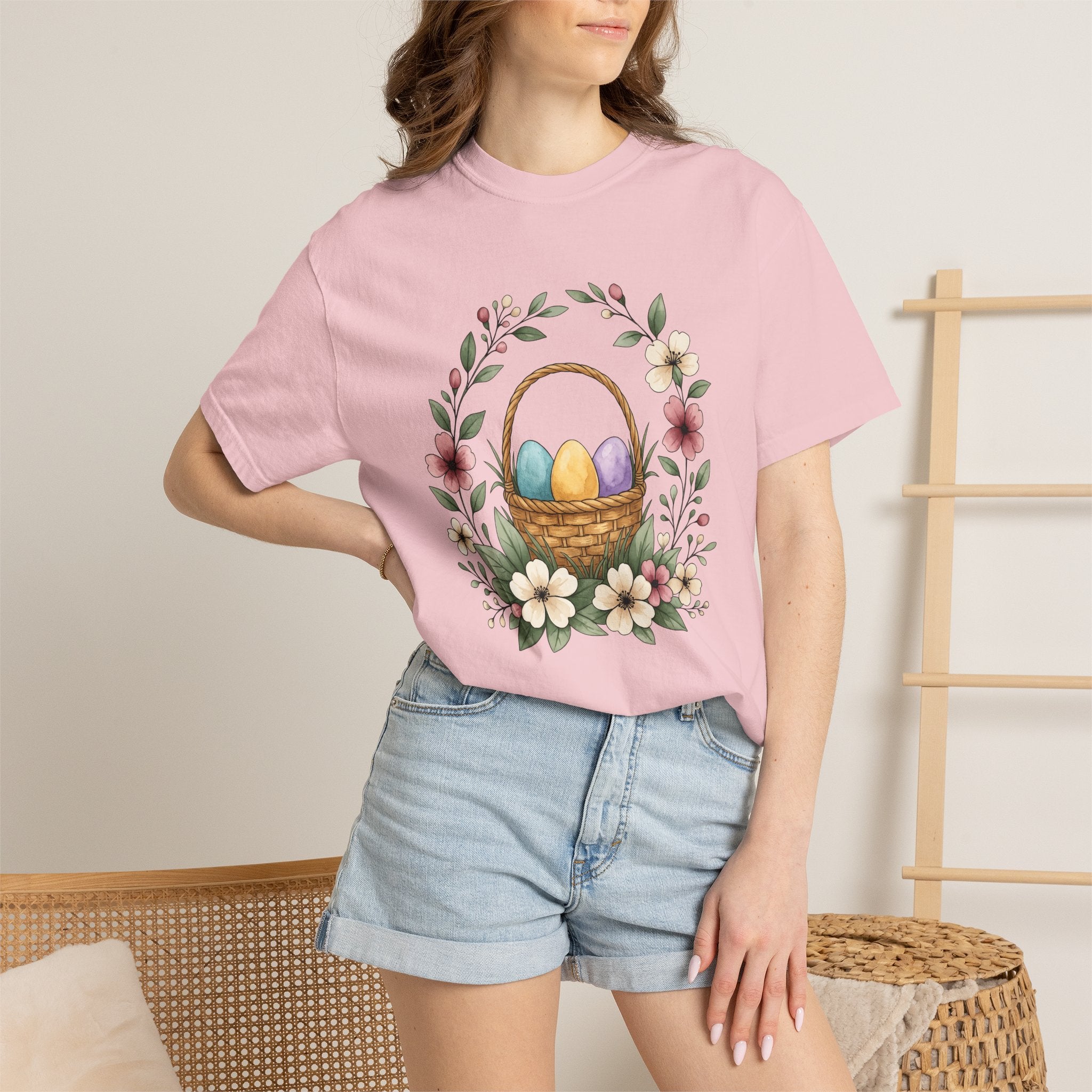 Easter Basket Shirt Easter Plants Gift Women Illustration Tee Easter Basket T-Shirt Easter Fan Spring Tshirt Floral Graphic Doodle Floral