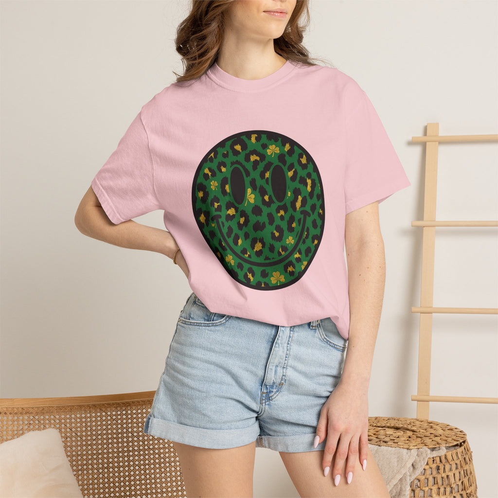 Smiley Face Shirt St Patrick's Day Animal Print Gift Women Leopard Print Tee Smiley T-Shirt St Patricks Fan Animal Print Graphic Tshirt