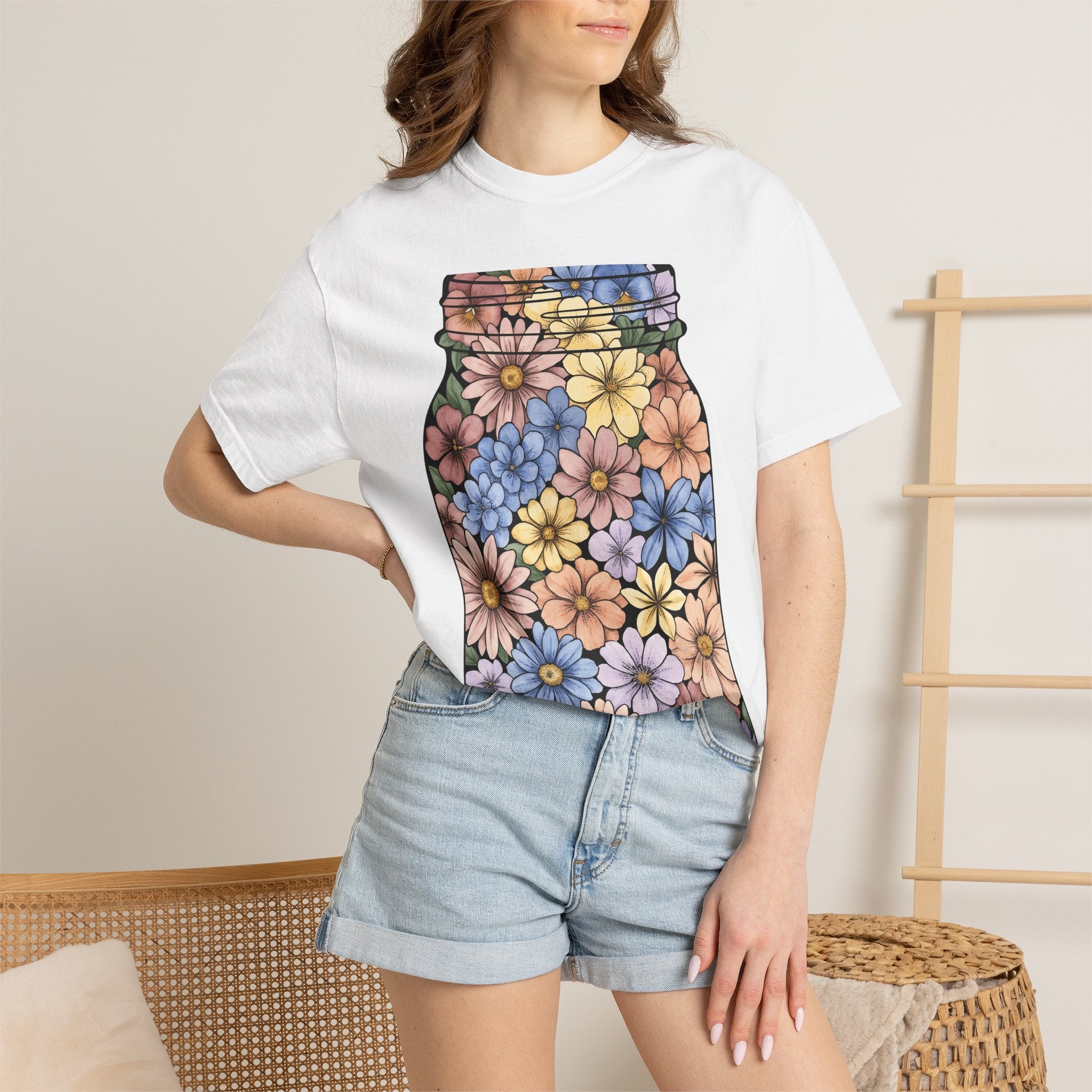 Floral Jar Shirt Easter Blossom Gift Women Brush Stroke Tee Mason Jar T-Shirt Spring Fan Watercolor Tshirt Flower Graphic Shabby Chic Daisy