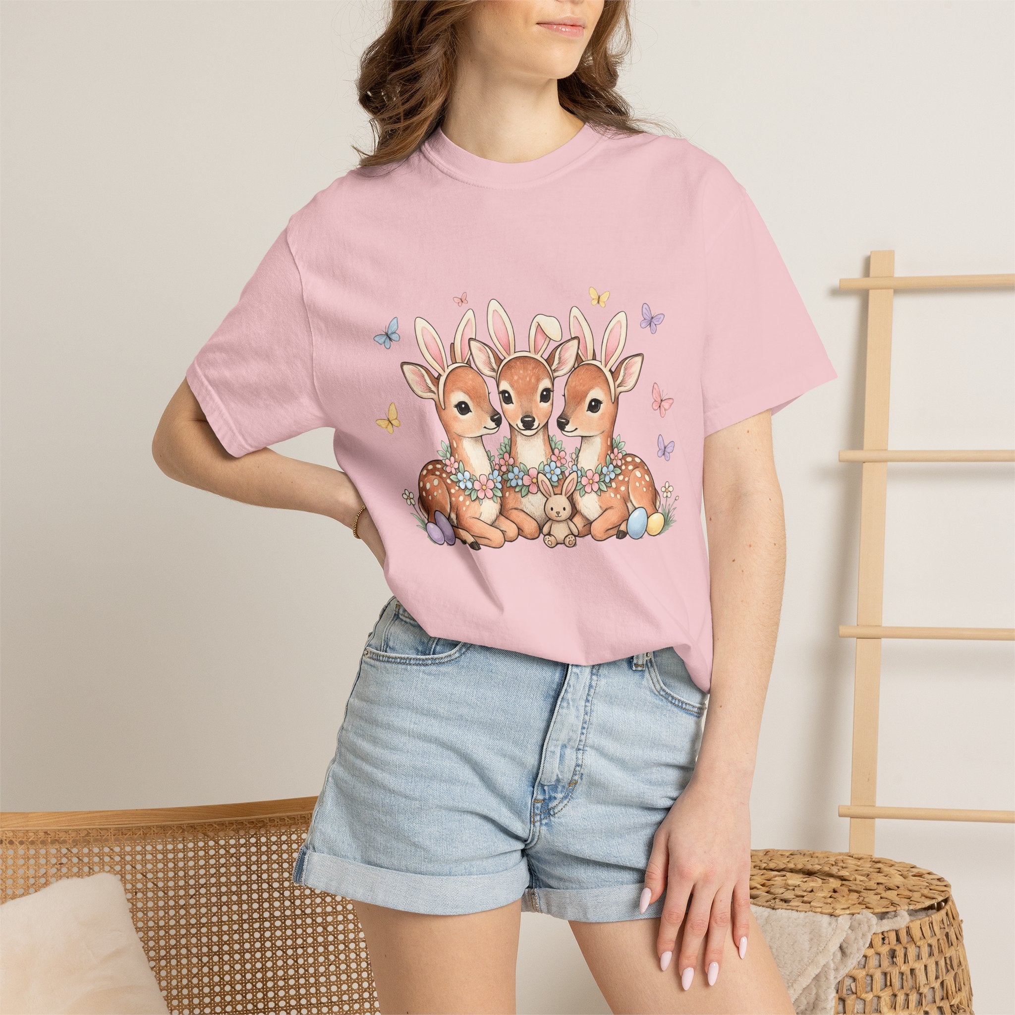 Deer Trio Shirt Easter Animal Gift Women Cute Tee Fawns T-Shirt Easter Fan Cartoon Tshirt Creature Graphic Hand Drawn Bunny Tshirt